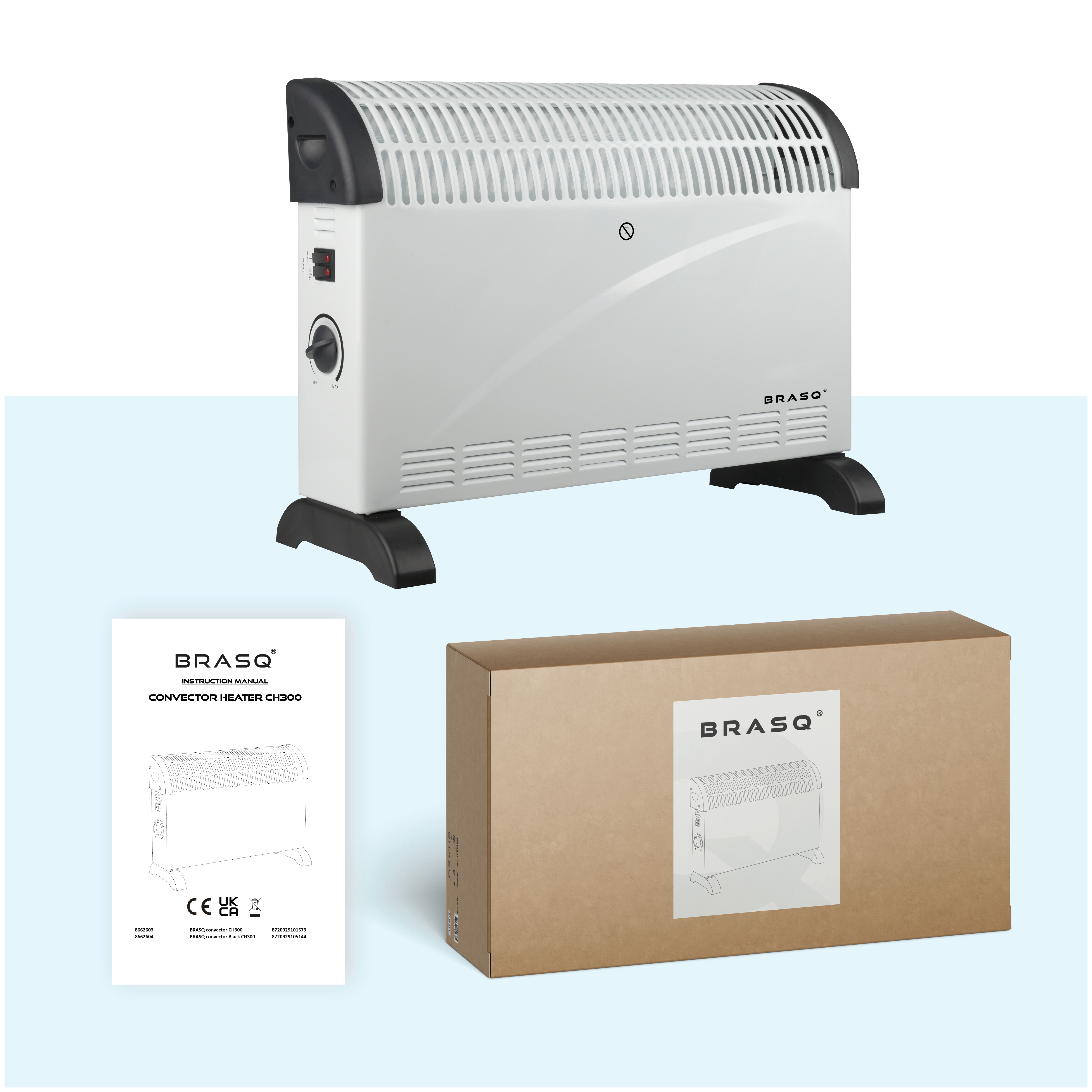 A white convector heater with black handle and dial, next to a manual and a cardboard box.