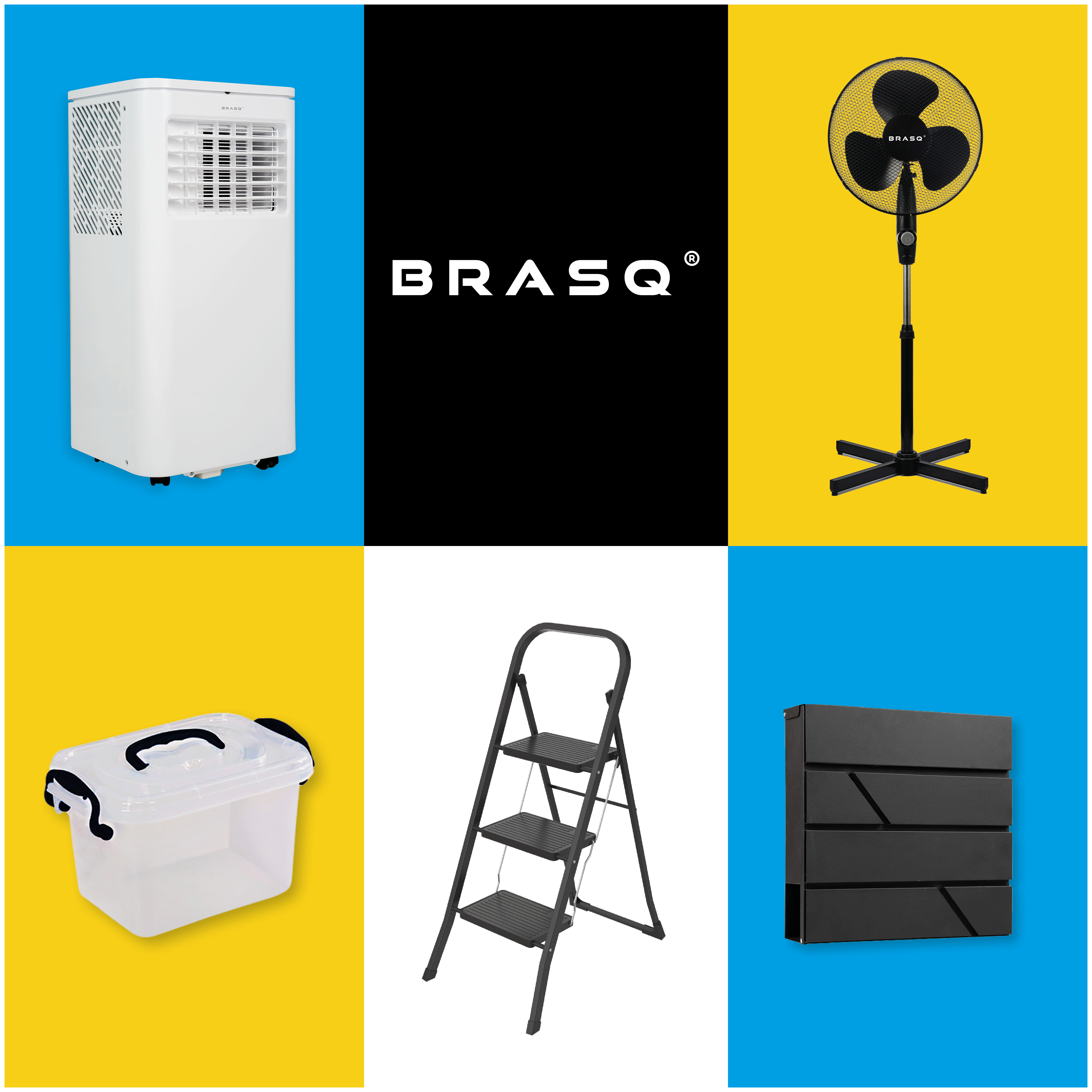 White air conditioner, black fan, clear box, ladder, black mailbox on colored backgrounds.