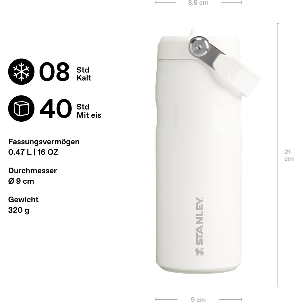 Termo blanco con asa, capacidad 0,47 L, 21 cm alto, 9 cm ancho.