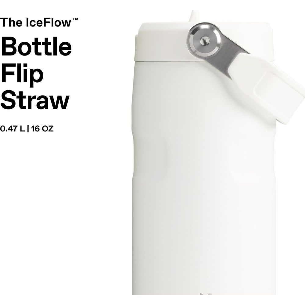 Botella blanca con asa plateada y tapa de pajita abatible. Texto: The IceFlow Bottle Flip Straw.