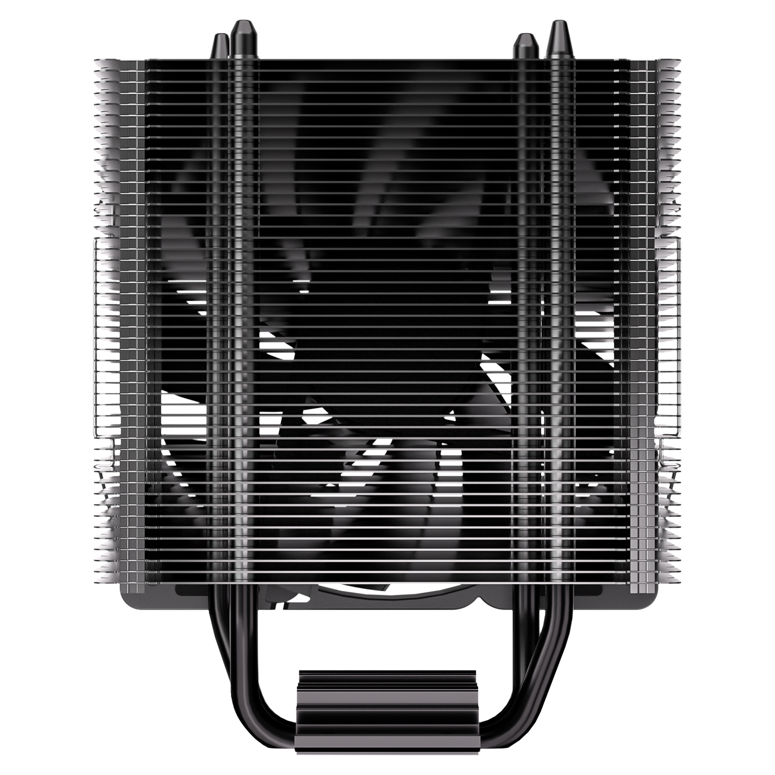 Czarna chłodnica CPU z żeberkami i wentylatorami na białym tle.