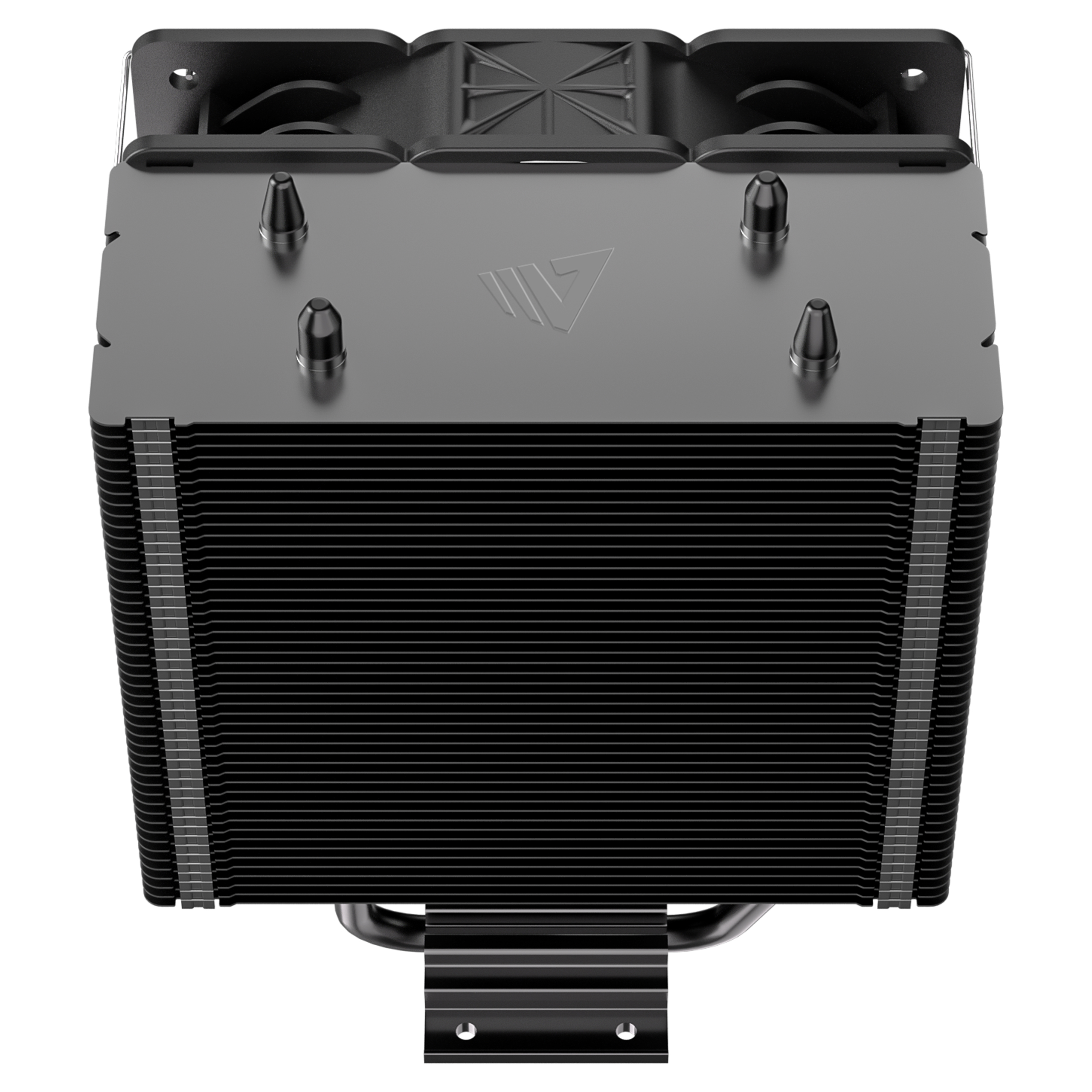 Czarna chłodnica procesora z wentylatorami i żeberkami.