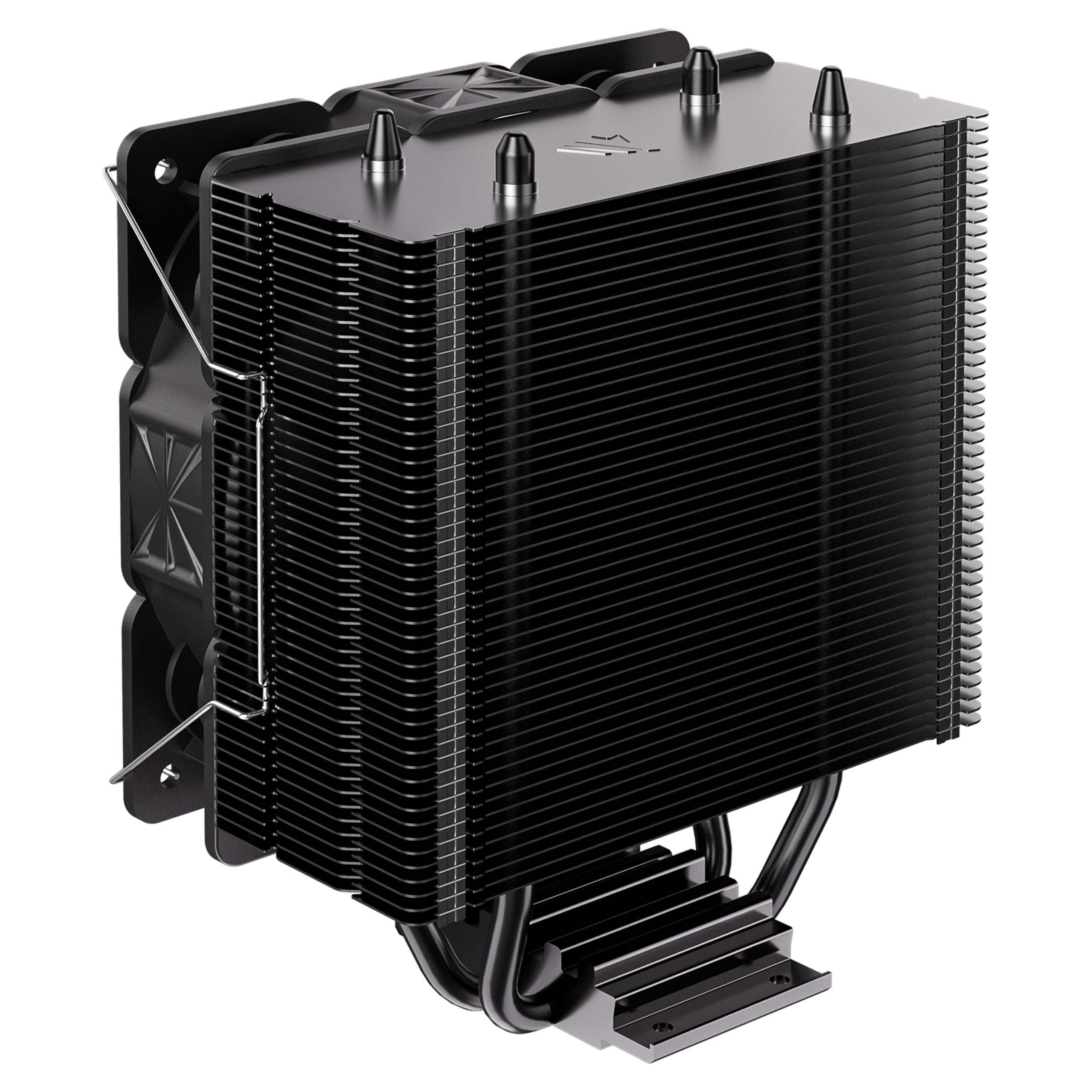 Czarna chłodnica CPU z żeberkami i wentylatorami, na białym tle.