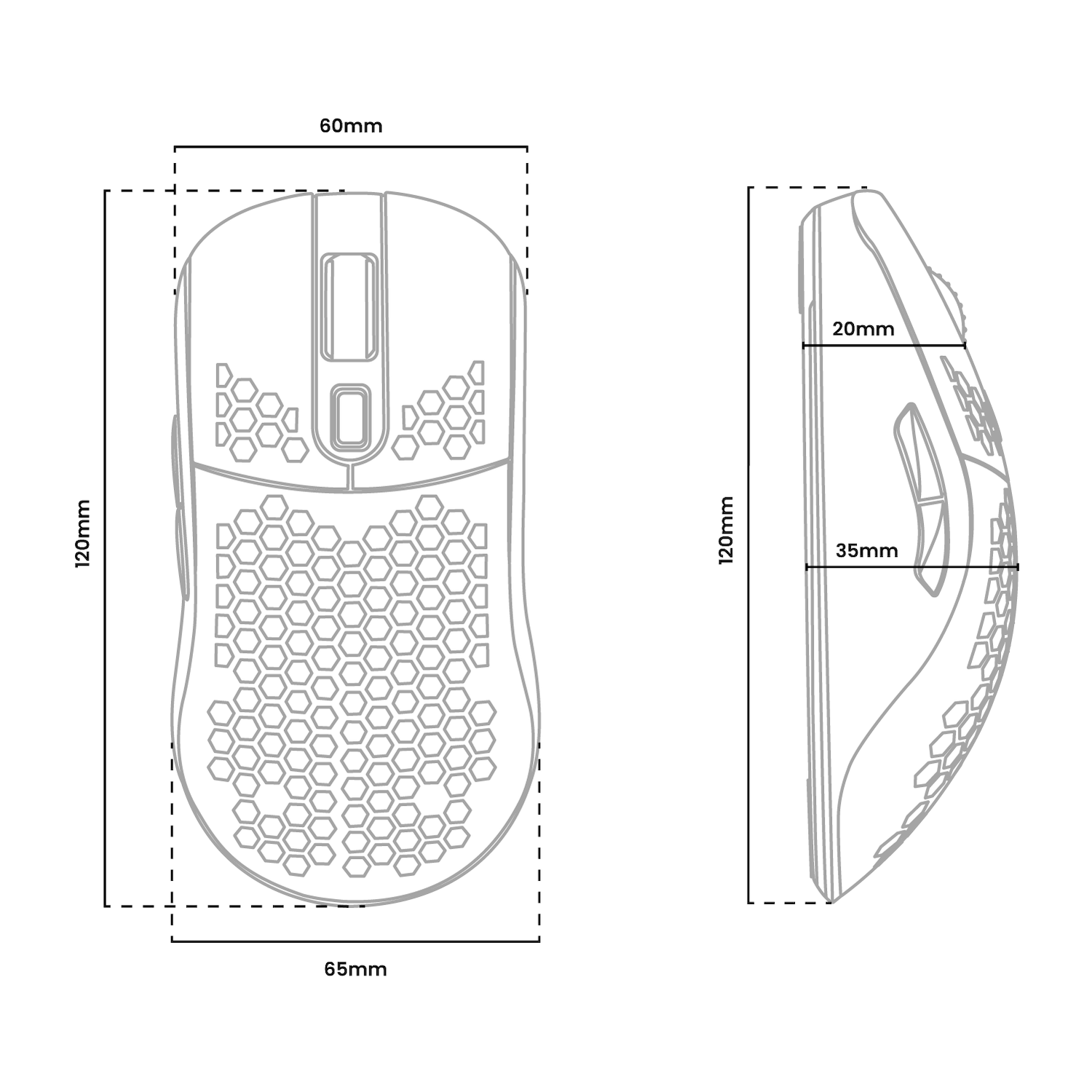 Technische tekening van een muis met afmetingen: 120mm L, 60mm B, 65mm B, 20mm H, 35mm H.