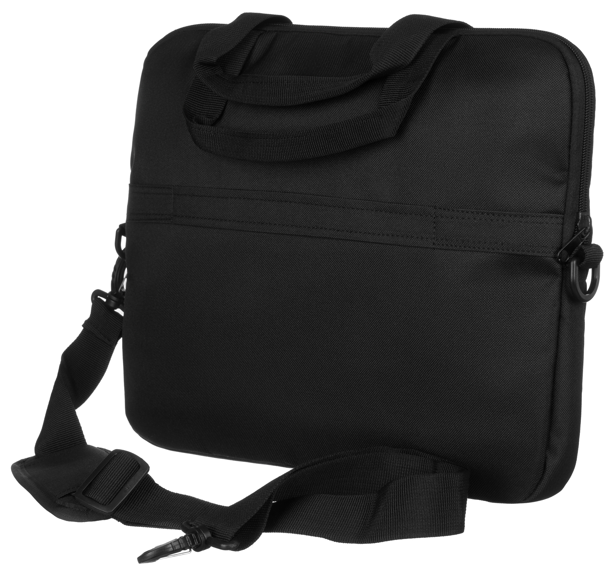 Czarna torba na laptopa z uchwytami i paskiem na ramię.