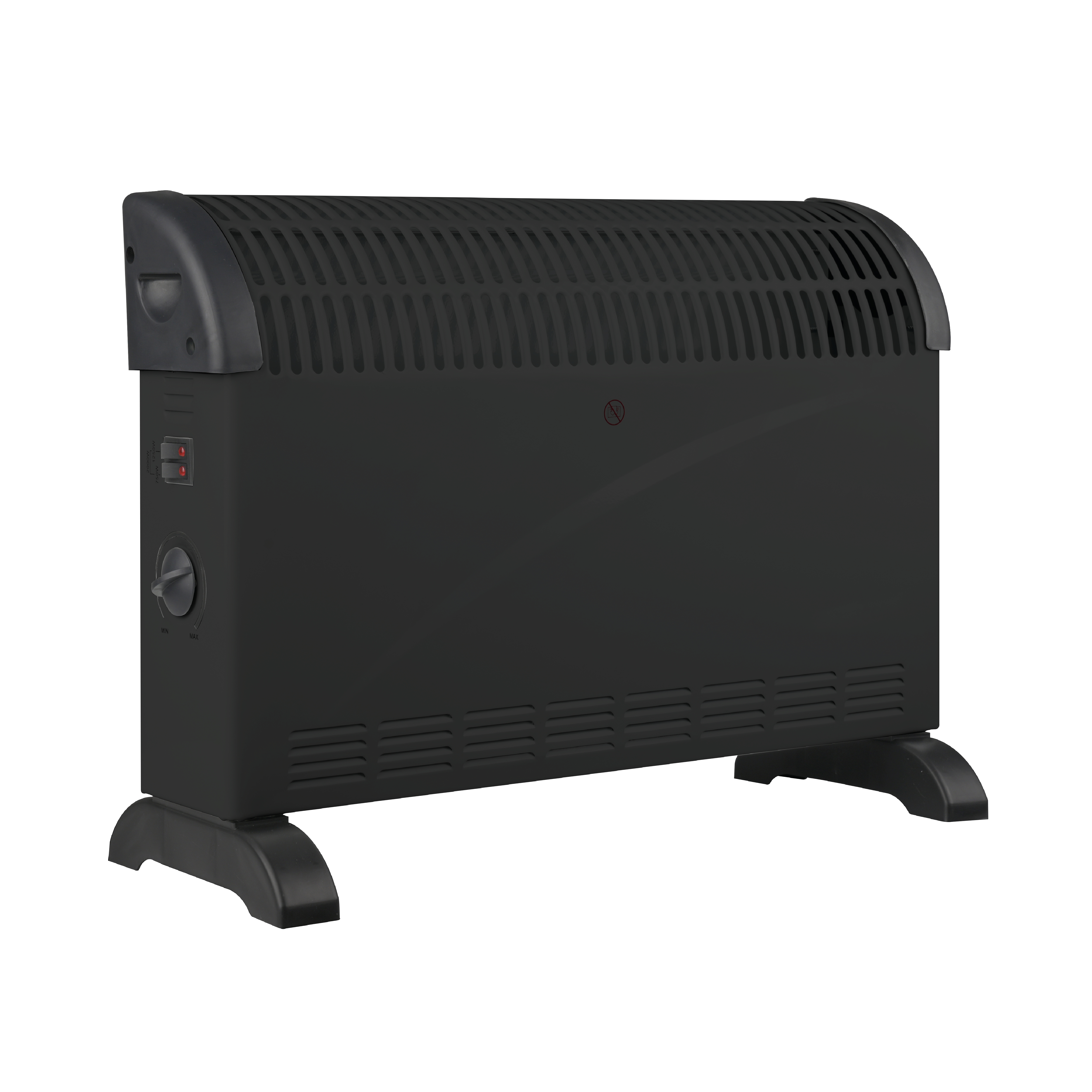 Black oil heater with ventilation slots and controls on a white background.