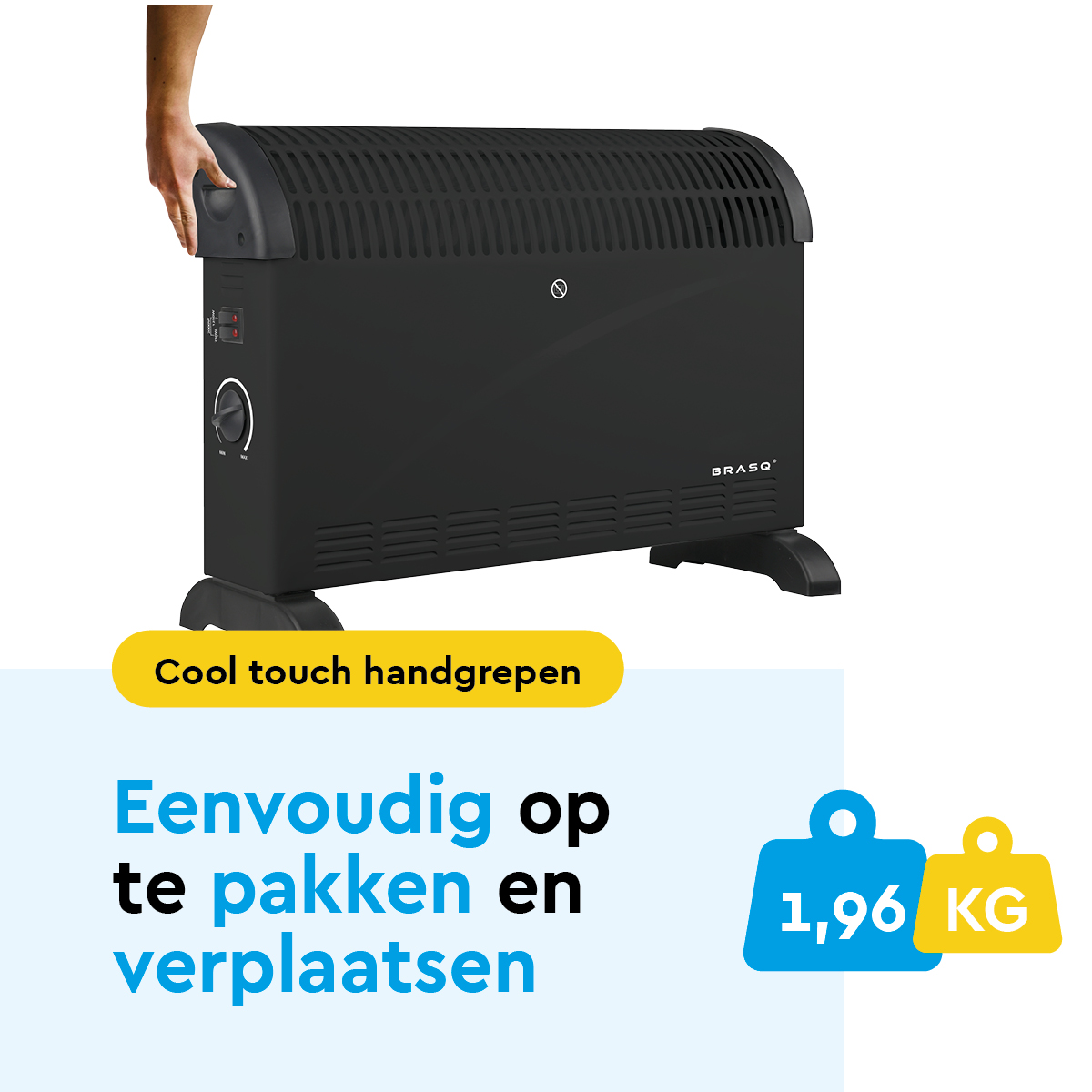 Black heater with cool touch handles, easy to carry and move.