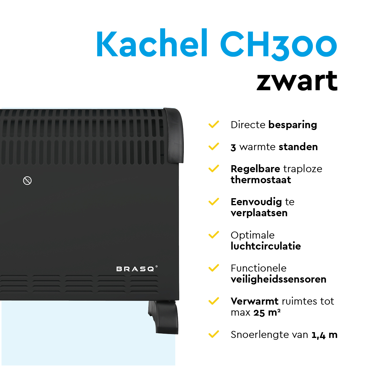 Black CH300 heater with features like 3 heat settings and thermostat.