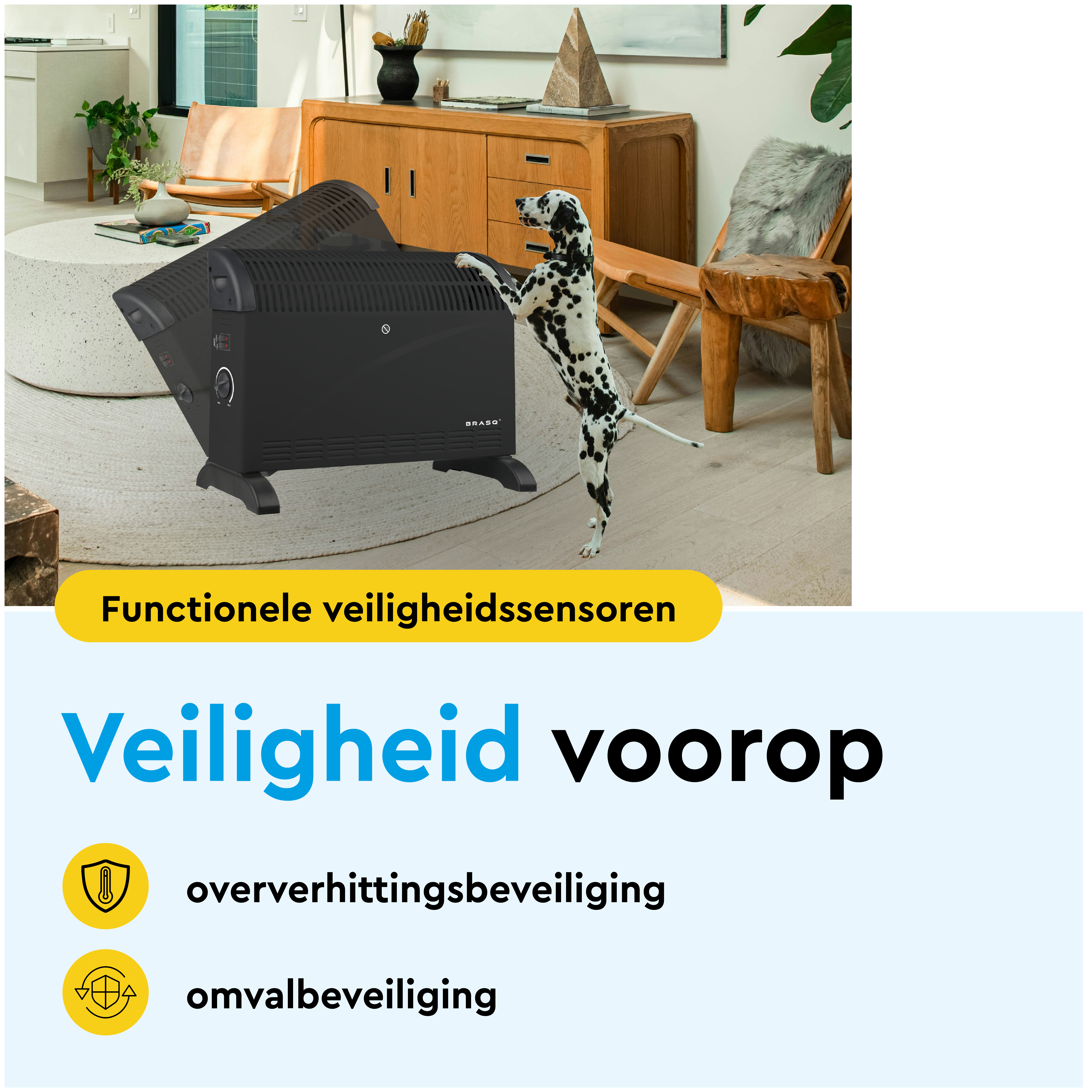A Dalmatian dog stands on a black heater in a stylish living room.