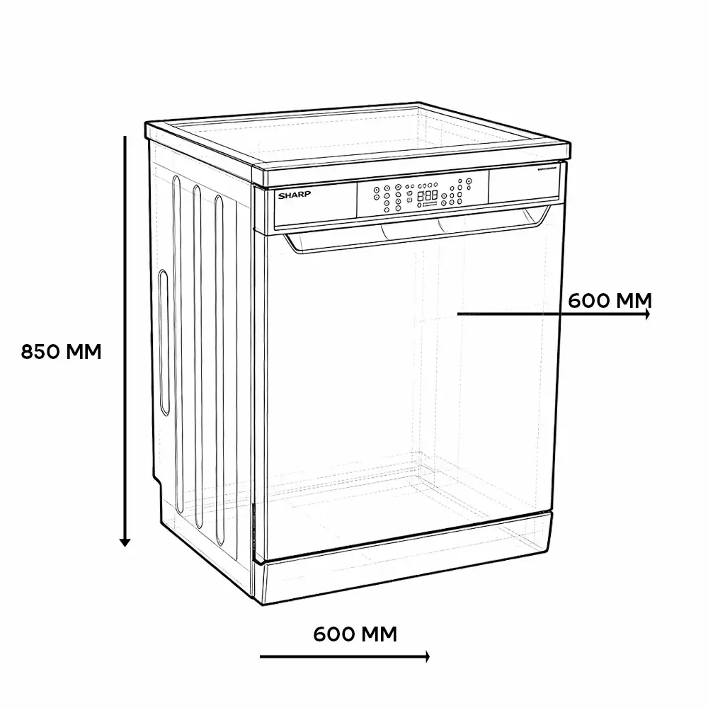 Een schematische lijntekening van een vaatwasser met hoogte 850 mm en breedte 600 mm.