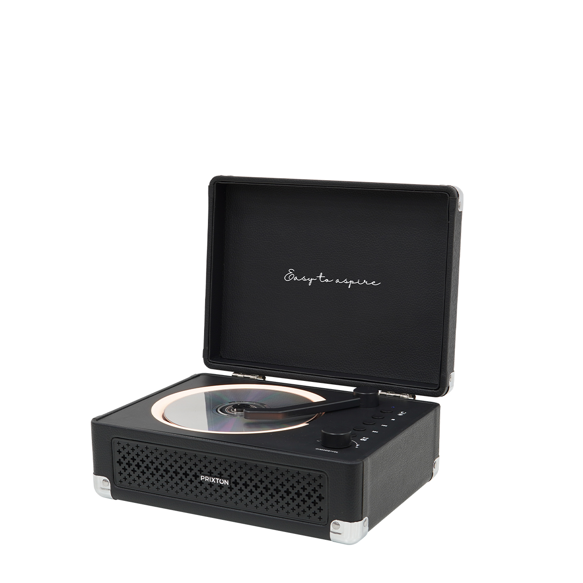 Tocadiscos negro con compartimento para CD y botón de grabación. "Easy to aspire" escrito dentro de la tapa.
