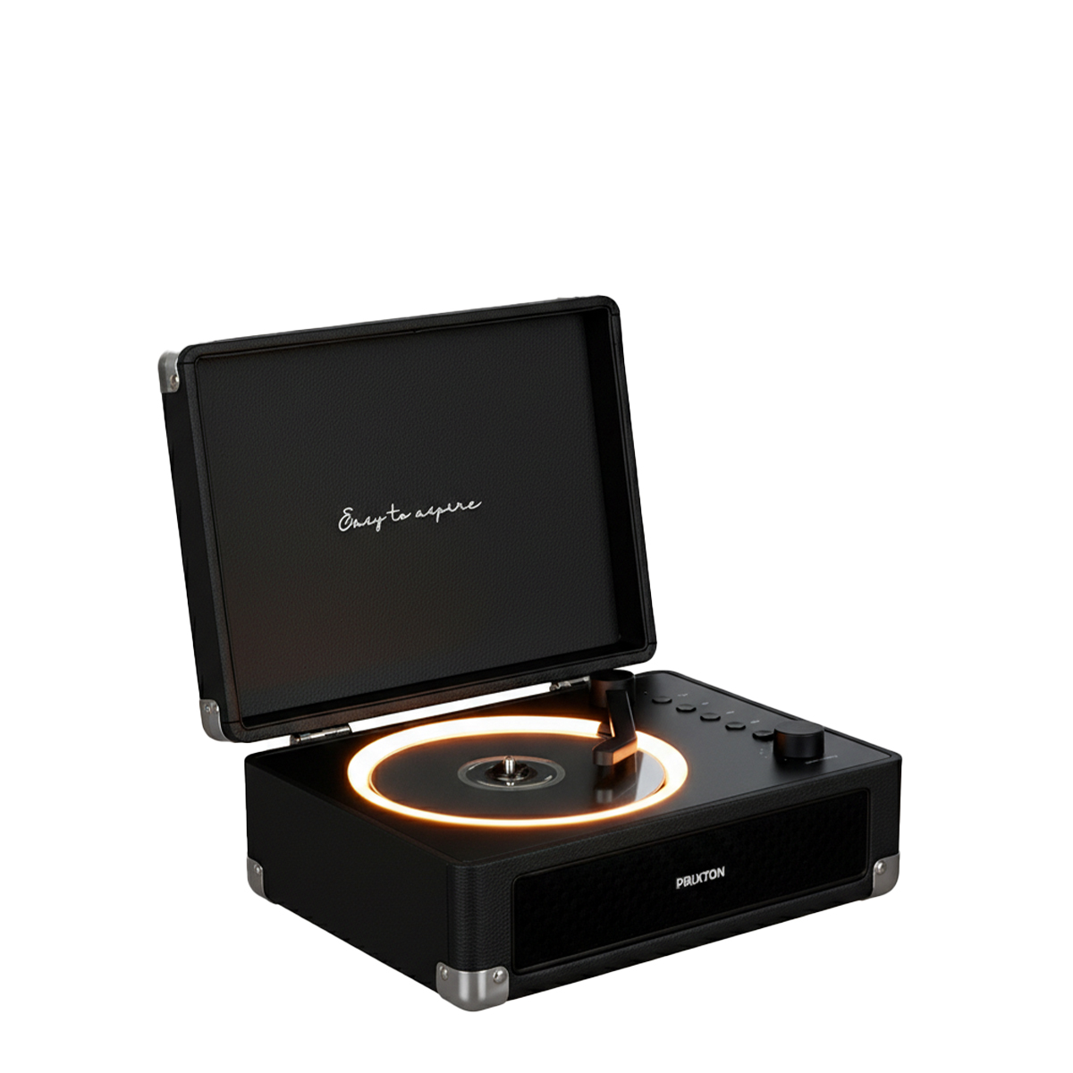 Tocadiscos negro con plato iluminado y tapa abierta, con la frase 
