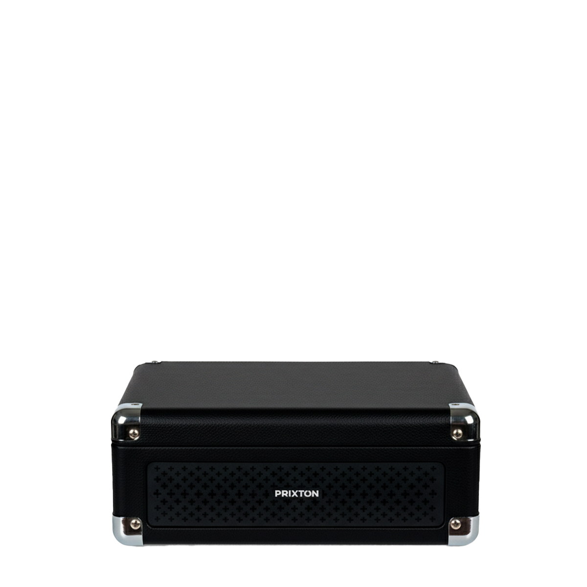 Caja negra con esquinas plateadas y logo PRIXTON.