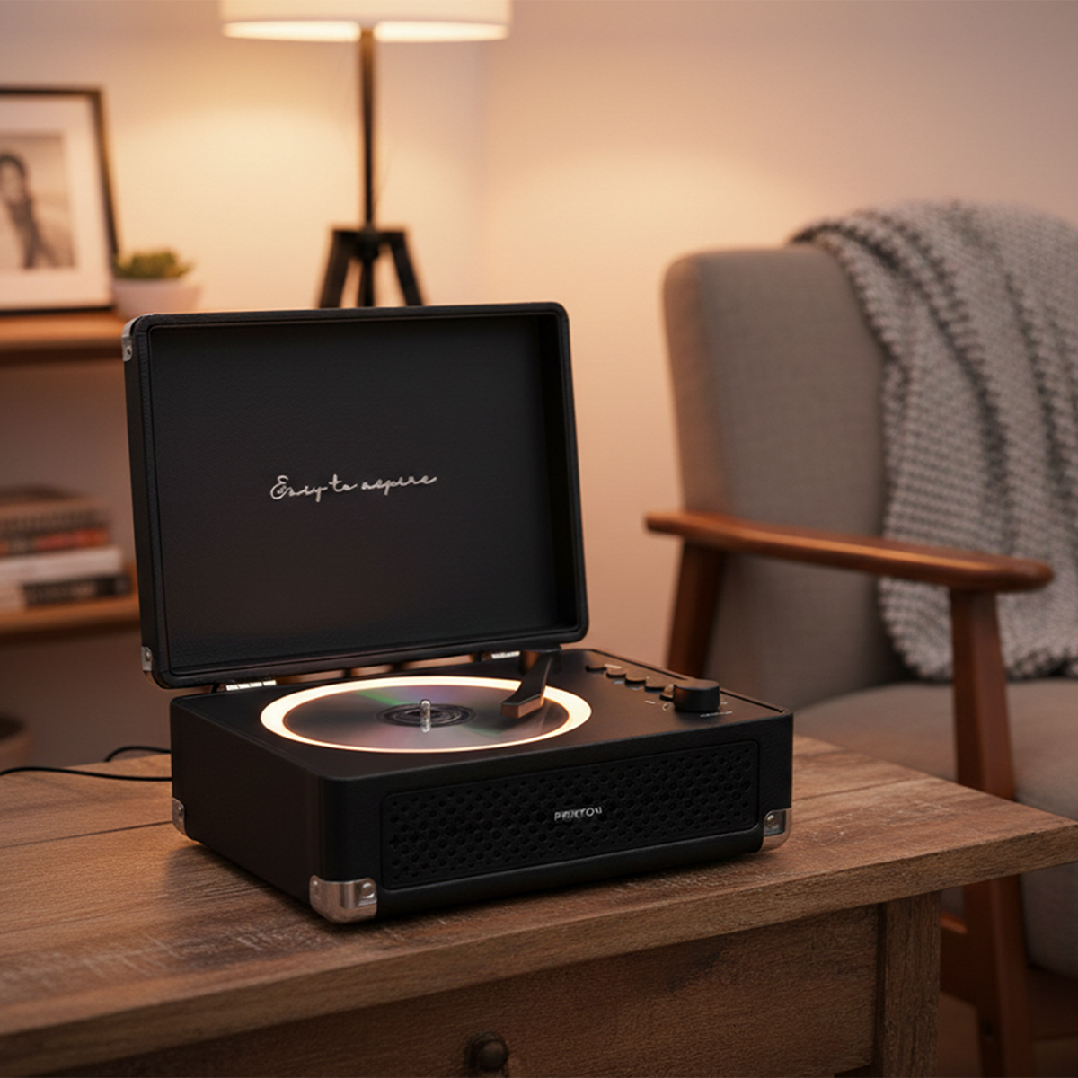 Tocadiscos negro con vinilo y luz sobre una mesa de madera.