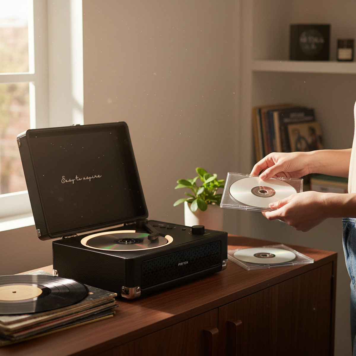 Persona pone un CD en un tocadiscos; hay LPs cerca.