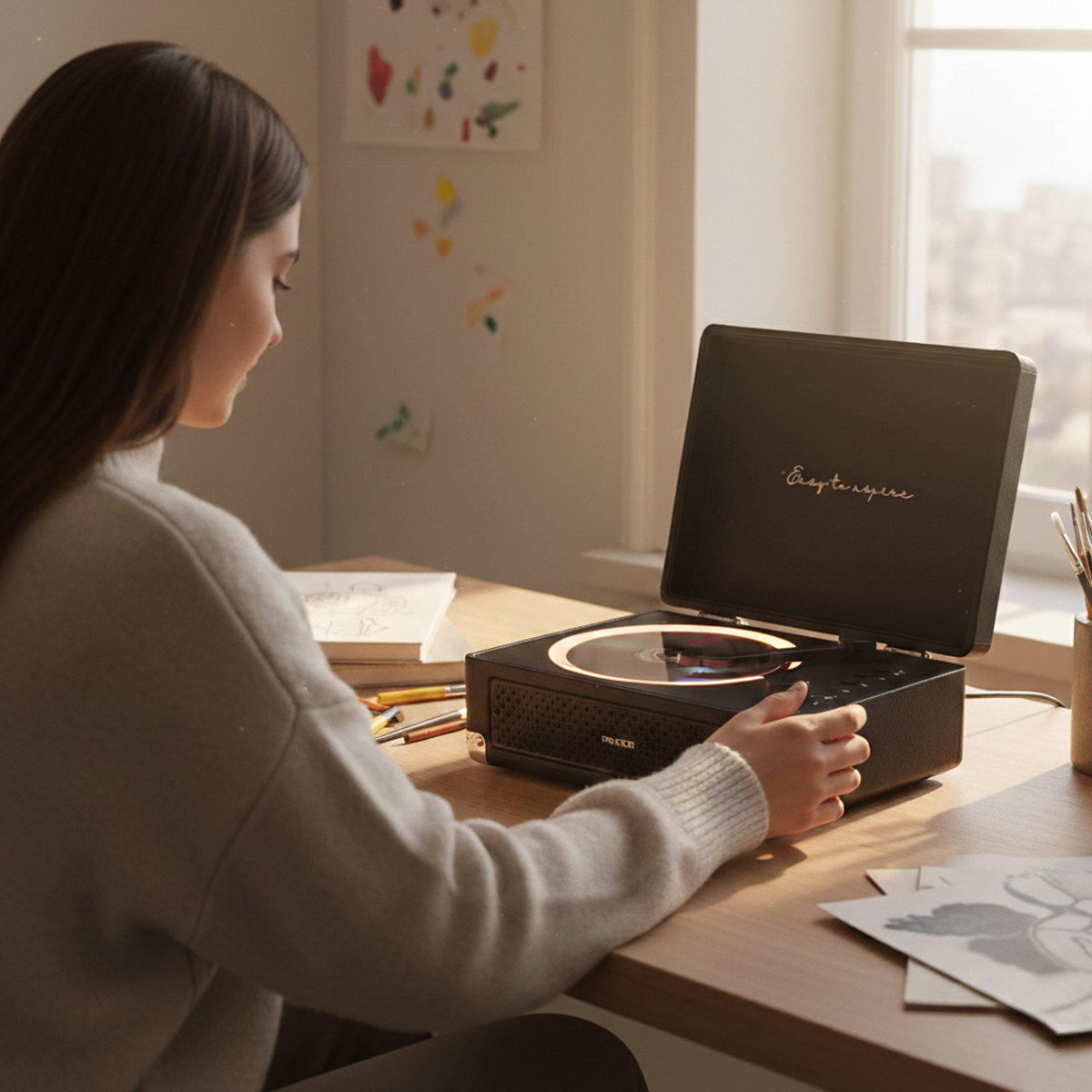 Una joven se sienta en un escritorio escuchando música de un tocadiscos.