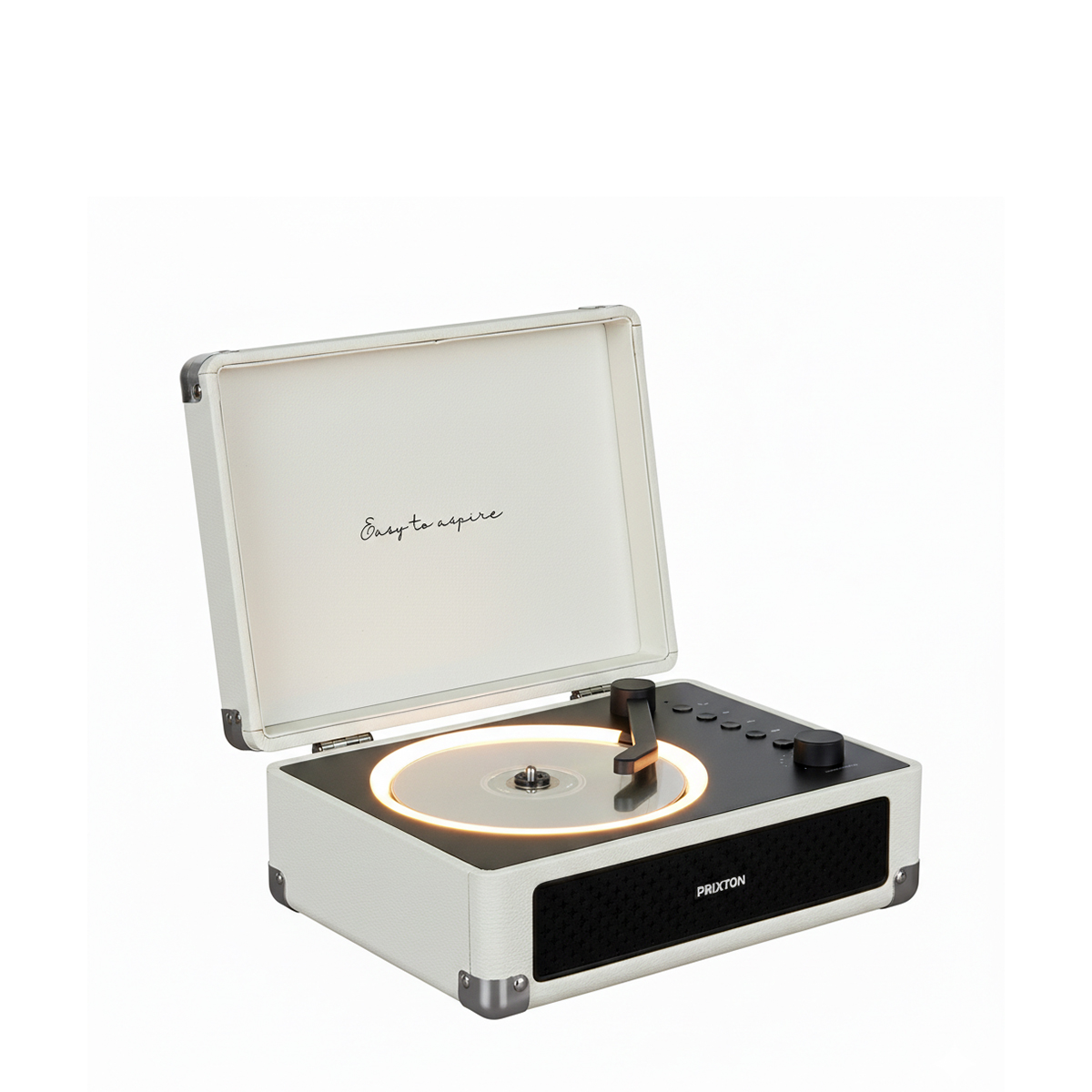 Un tocadiscos blanco con la tapa abierta y plato iluminado.