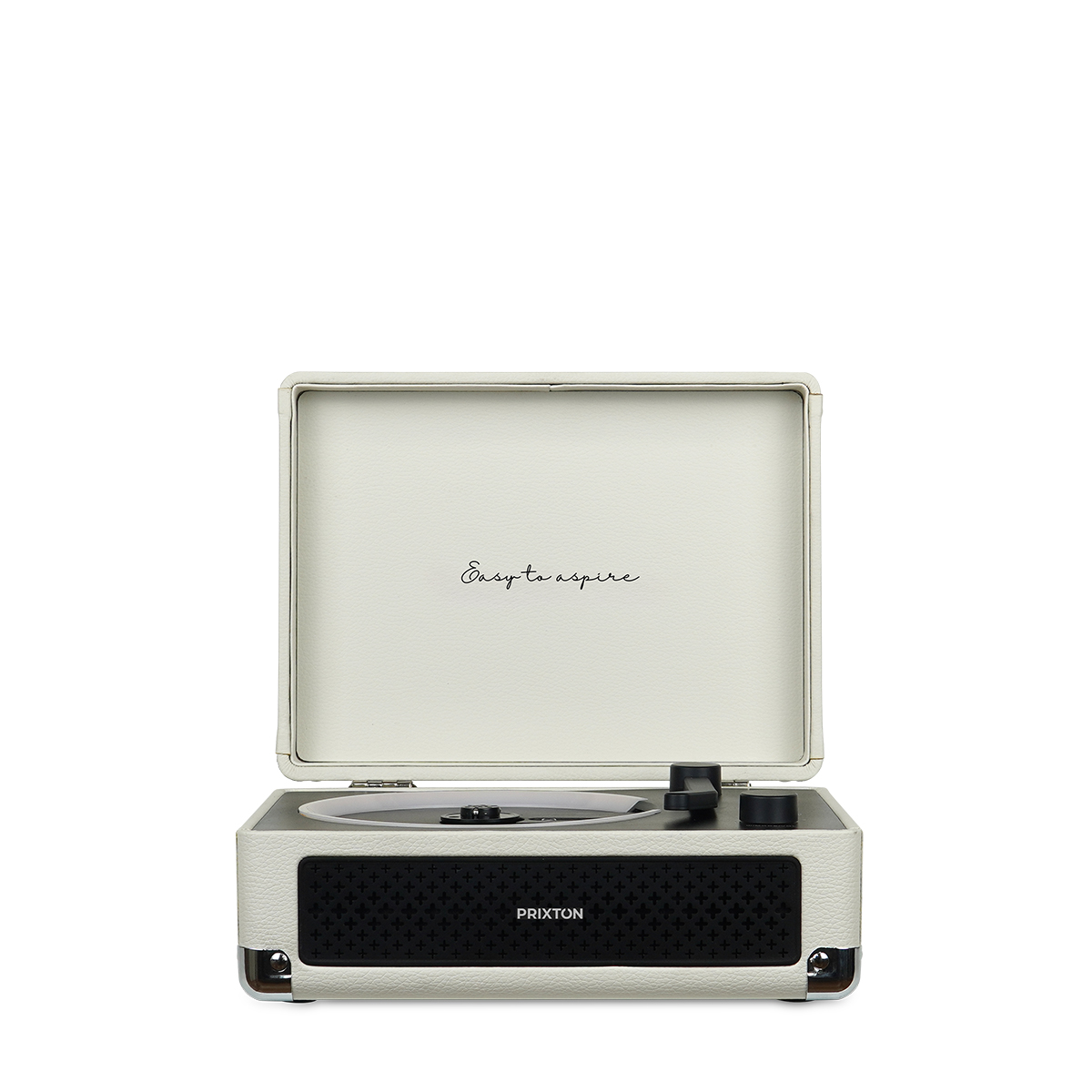 Un tocadiscos blanco con la tapa abierta, que muestra el texto 'Easy to aspire'.