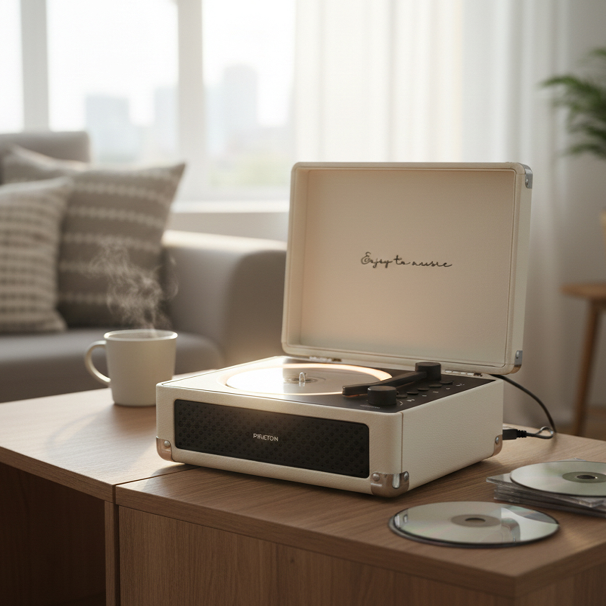 Un tocadiscos blanco con la tapa abierta está sobre una mesa de madera.