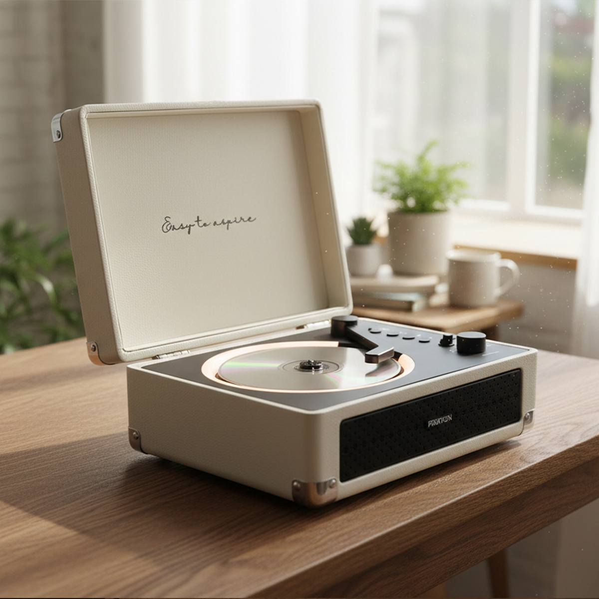 Un tocadiscos abierto en crema y negro con CD sobre una mesa de madera.