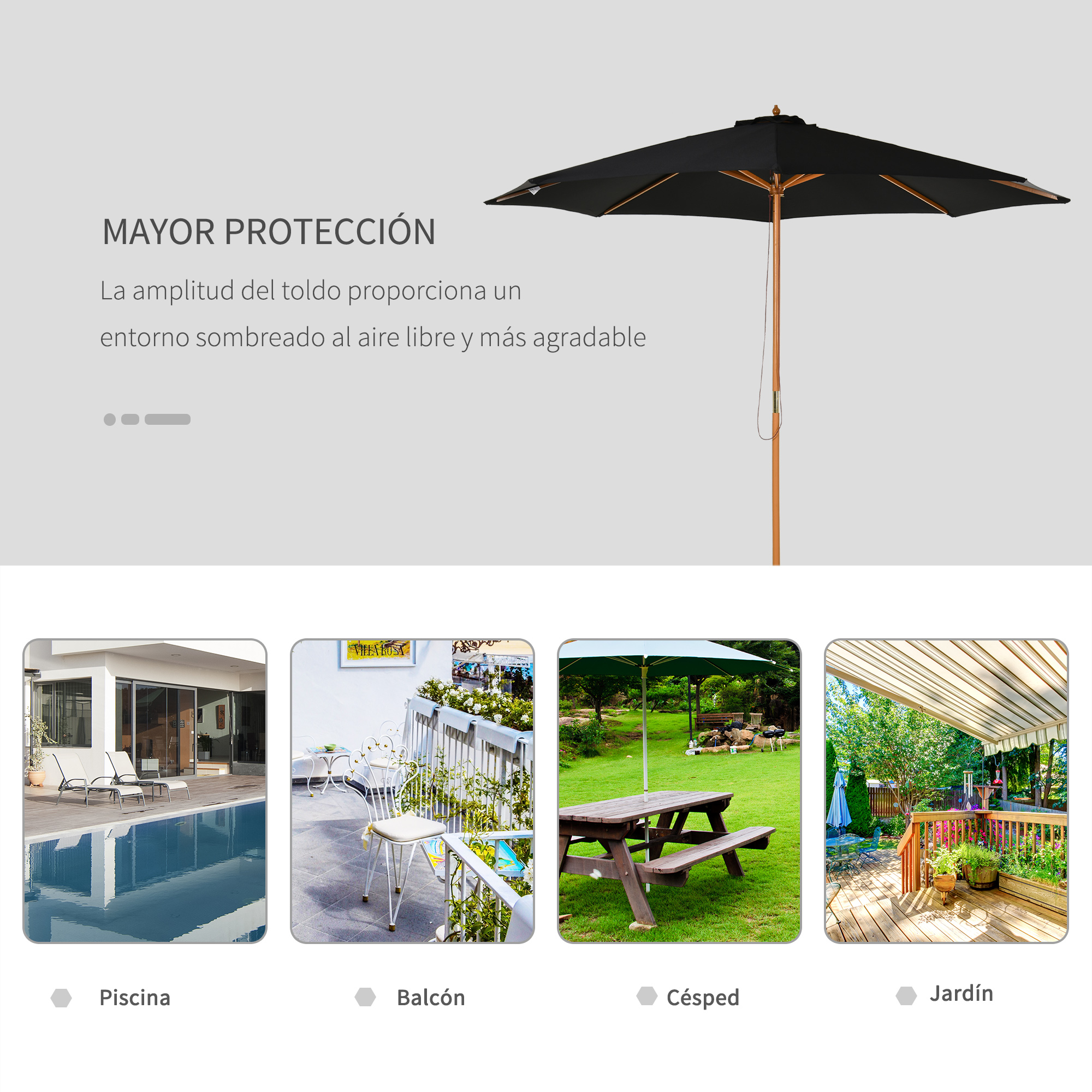 Un gran parasol negro sobre piscina, balcón, mesa de picnic y terraza.