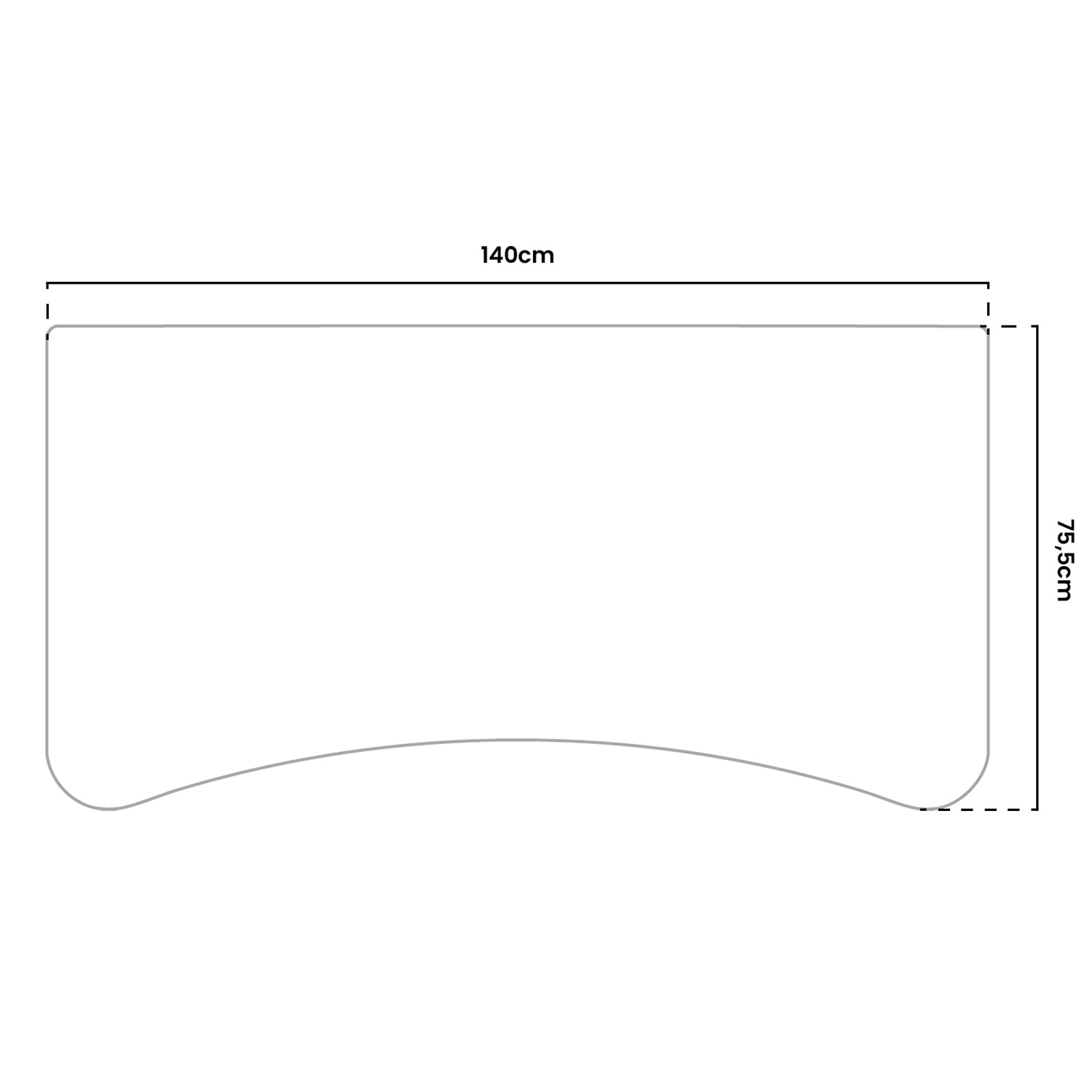 Diagram van een tafelblad van 140cm x 75,5cm.