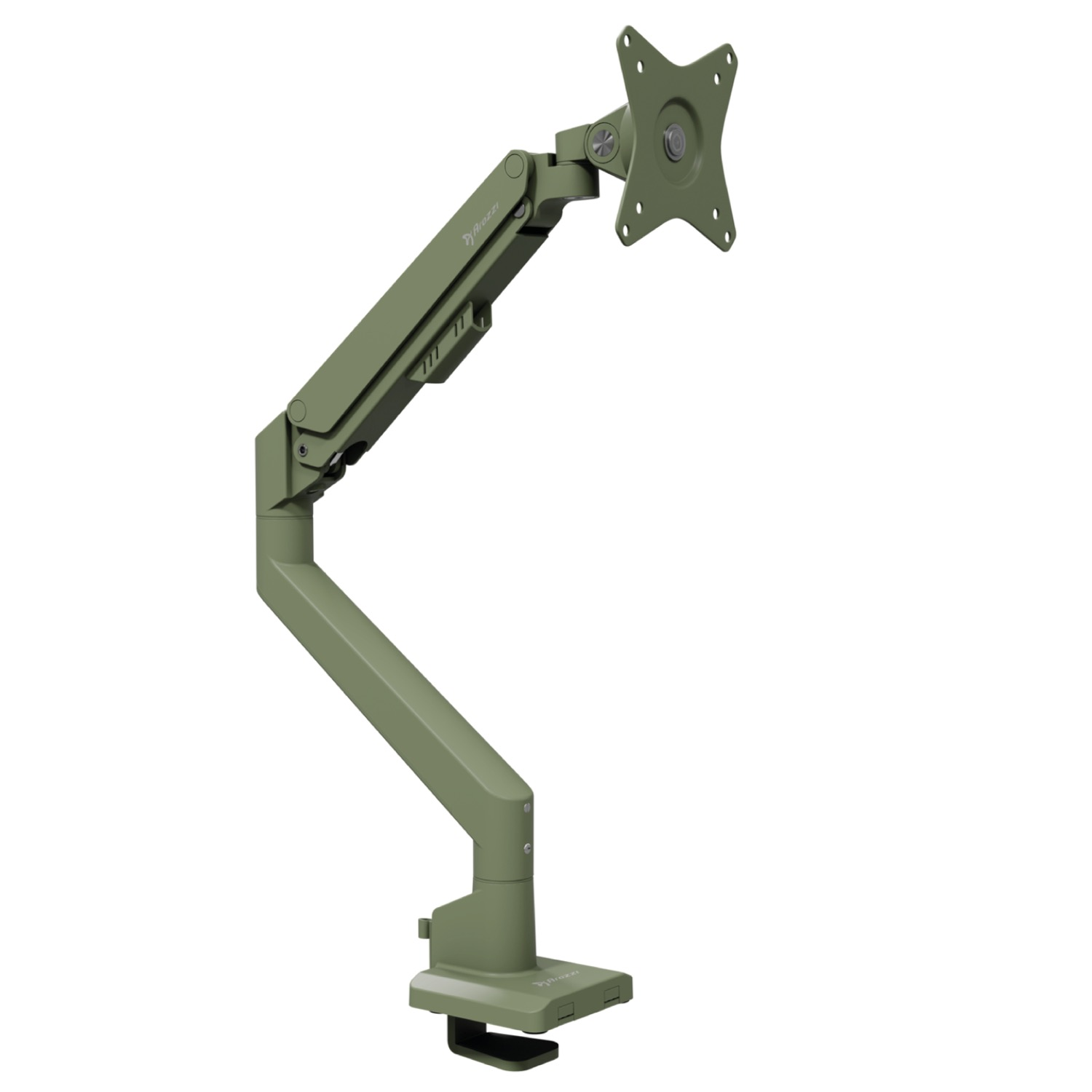 A green monitor arm with a clamp base and VESA mount, isolated on a white background.