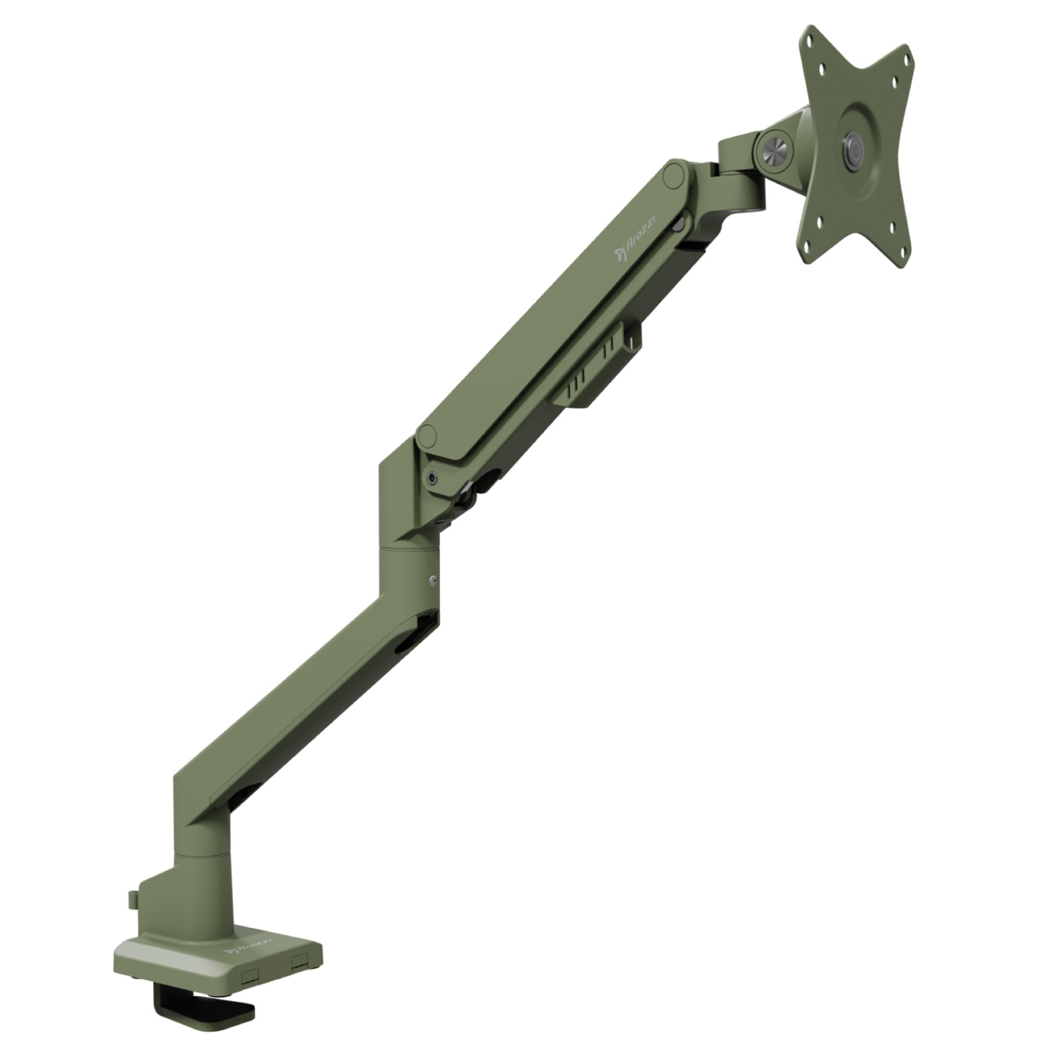 An olive green monitor arm with a clamp base and VESA plate.