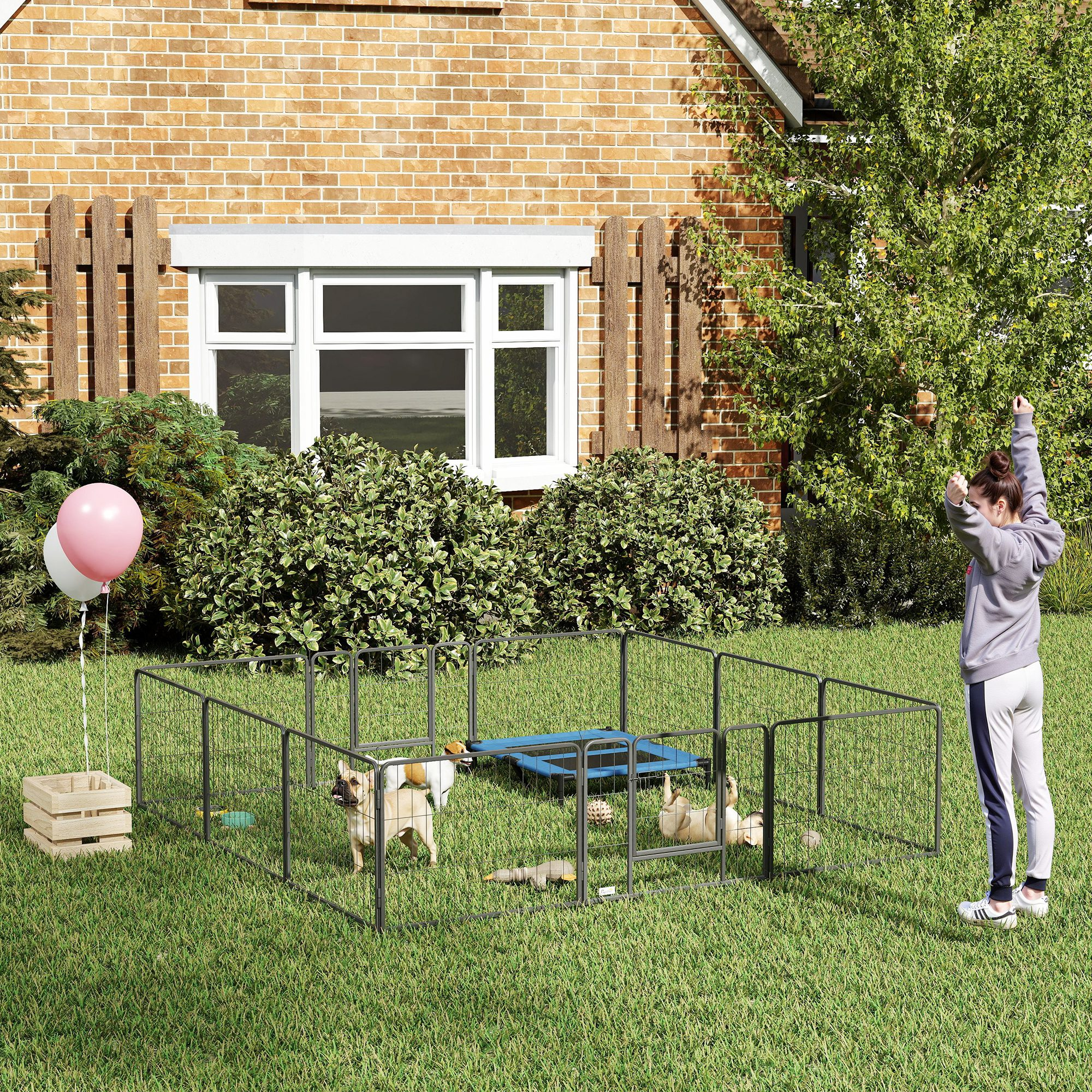 Una chica juega con perros en un corral al aire libre frente a una casa de ladrillos.