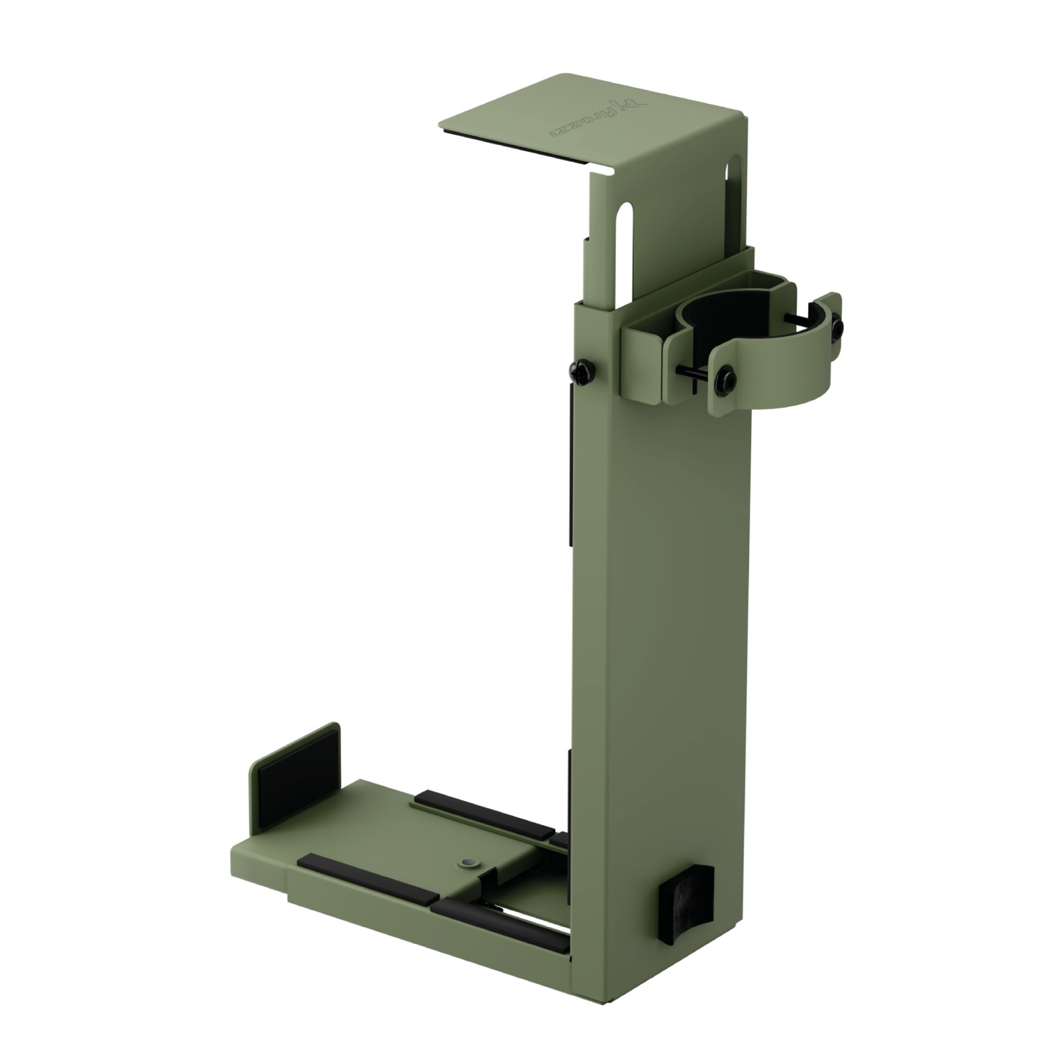 Een groene metalen standaard met een flessenhouder en een plank voor een behuizing.
