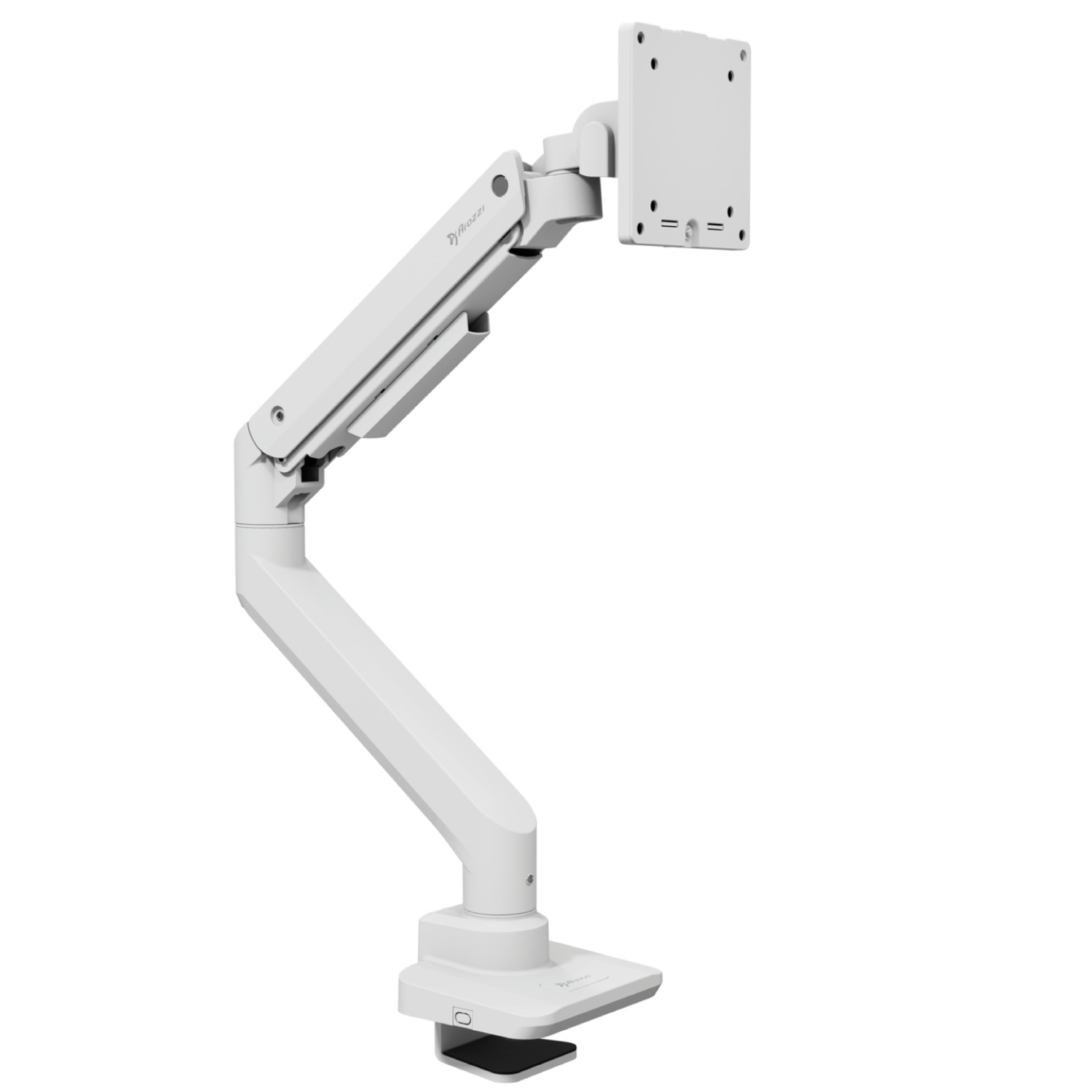 Een witte monitorarm met klemvoet, verstelbaar via scharnieren.