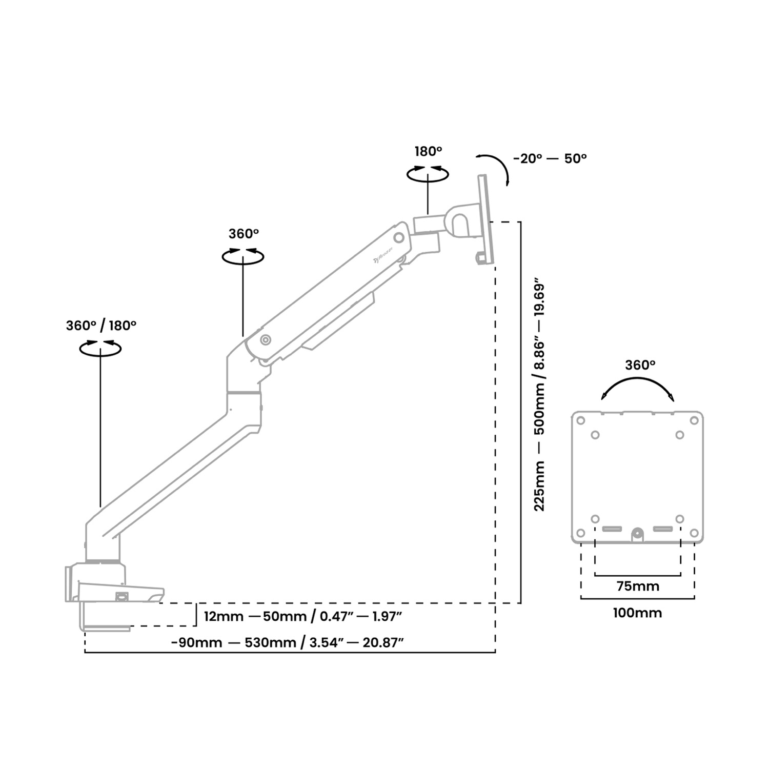 Diagram van een monitorarm met afmetingen en rotatiehoeken. Bevat 360° en 180° rotatiepunten.
