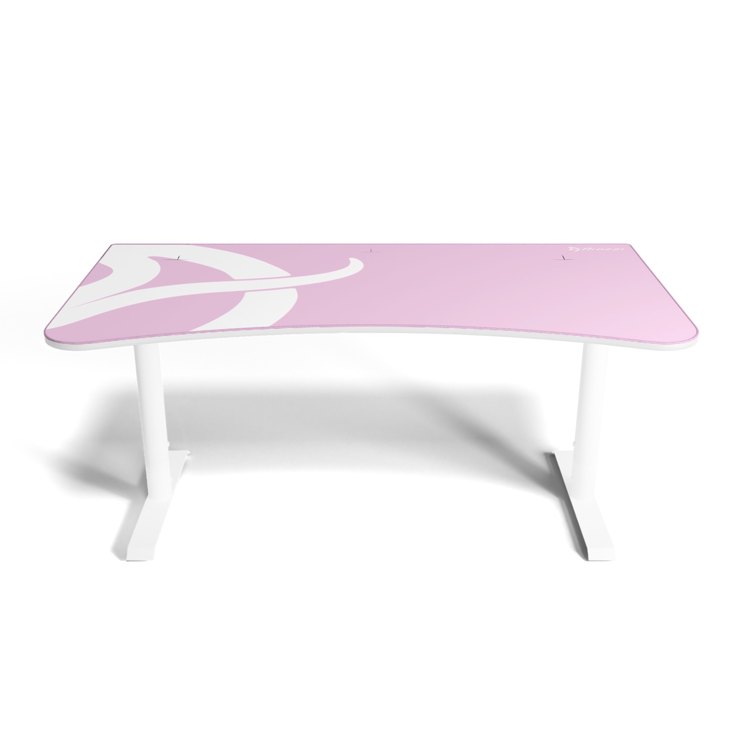 Ein weißer Schreibtisch mit rosa und weißen Wirbelmustern. Weiße Beine.