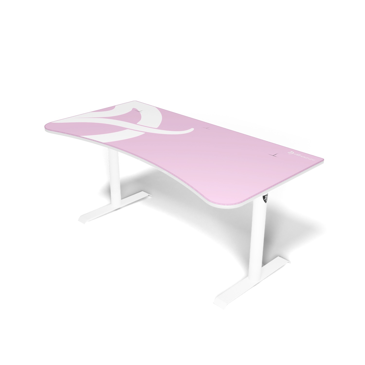 Ein rosa Schreibtisch mit weißen, gebogenen Beinen und einem weißen Wellenmuster auf der Oberfläche.