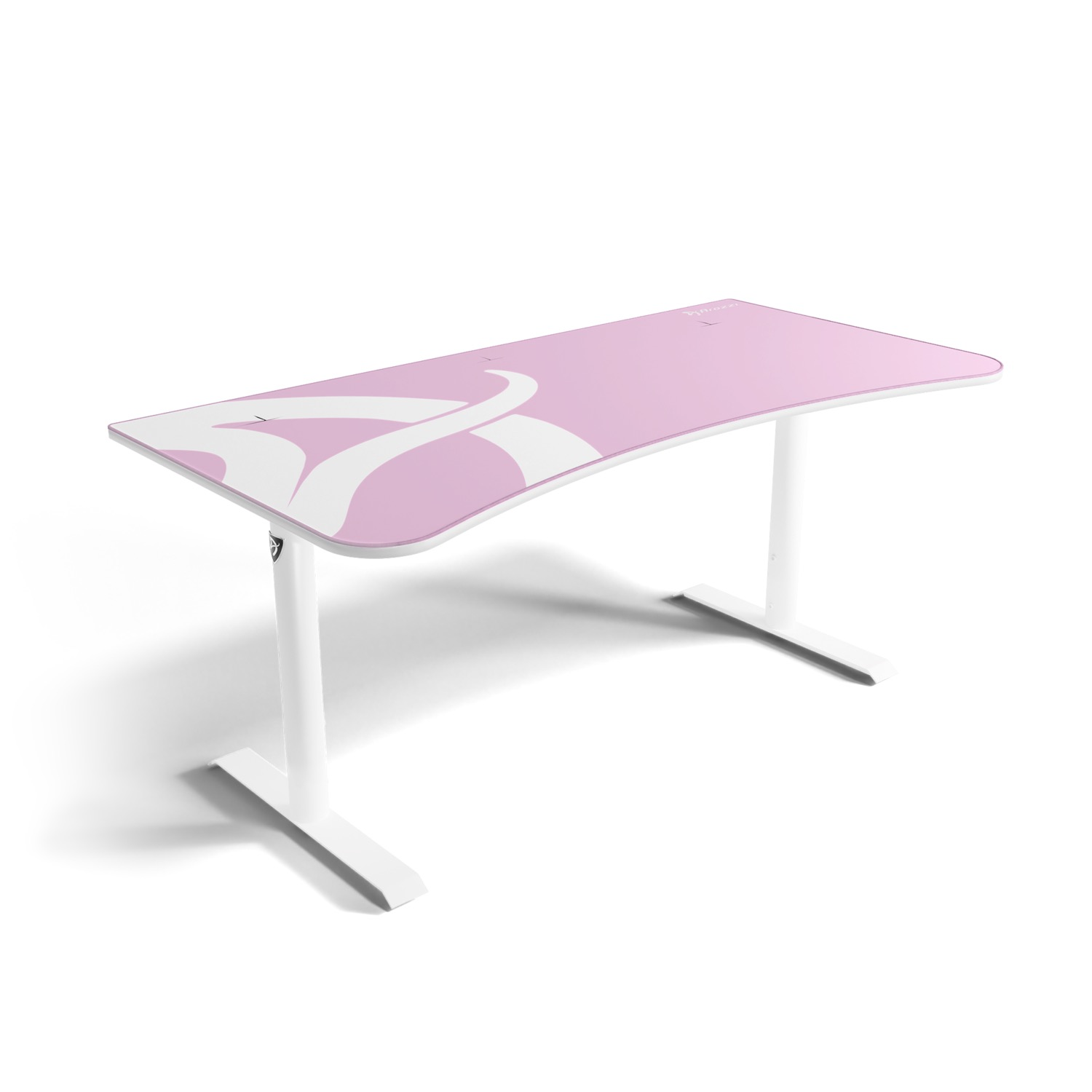 Ein rosa Schreibtisch mit weißem Muster und weißen Beinen.