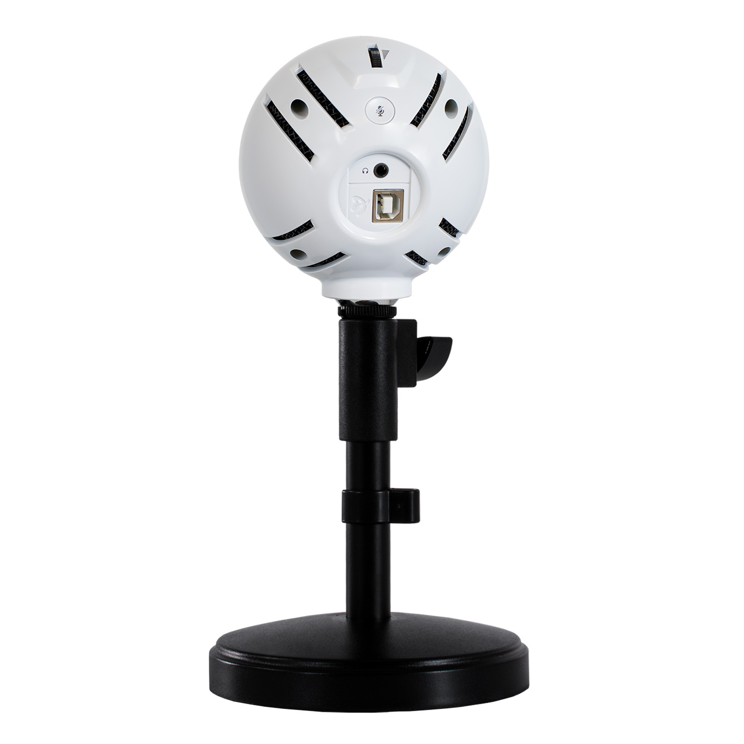 Achterkant van een witte microfoon op een zwarte standaard met USB- en koptelefoonaansluitingen.