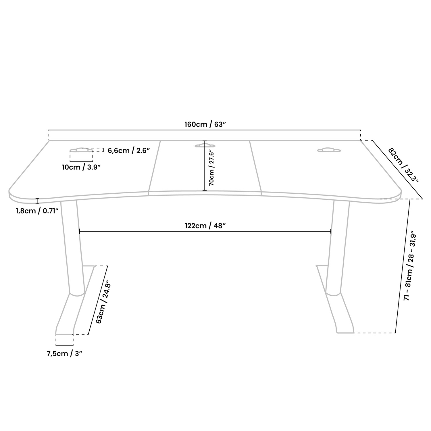 Technische tekening van een bureau met afmetingen in cm en inches.