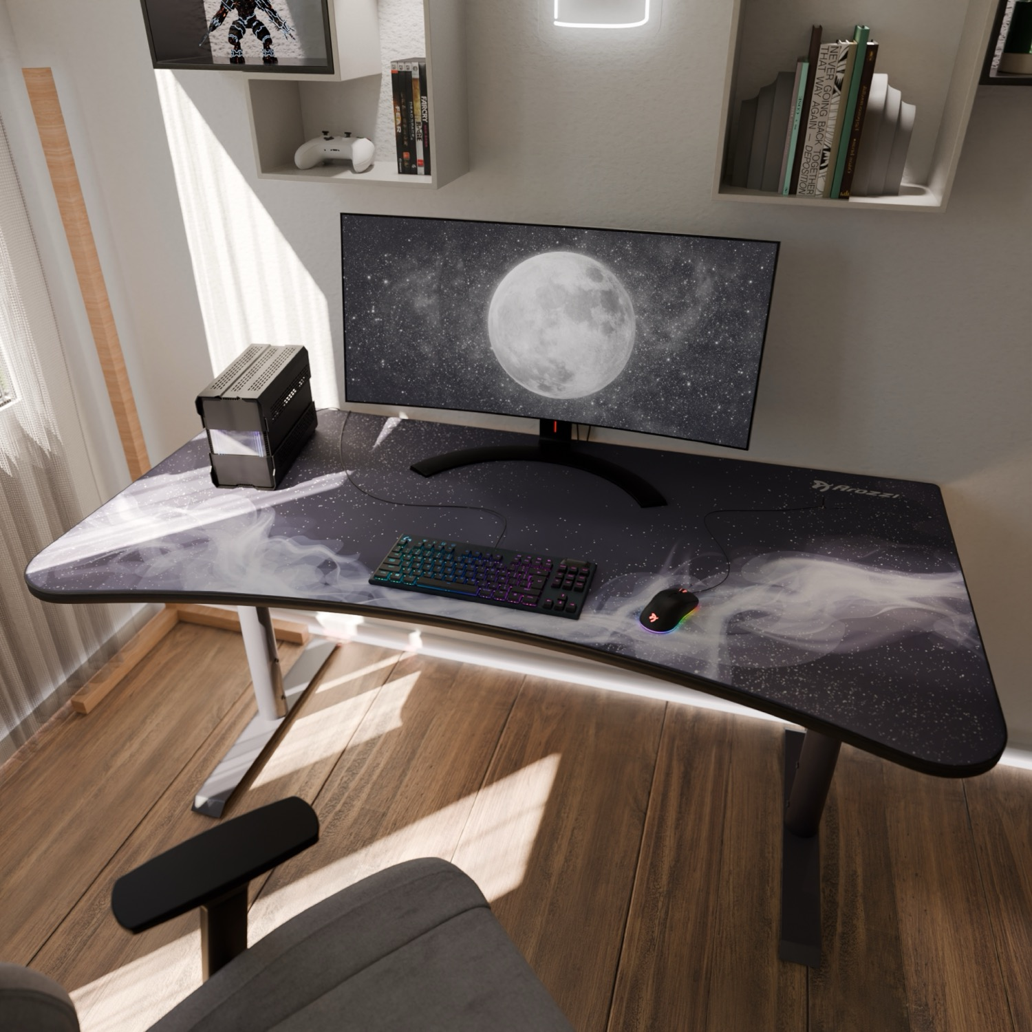Ein Schreibtisch mit einem PC, Monitor, Tastatur, Maus und einem Stuhl.