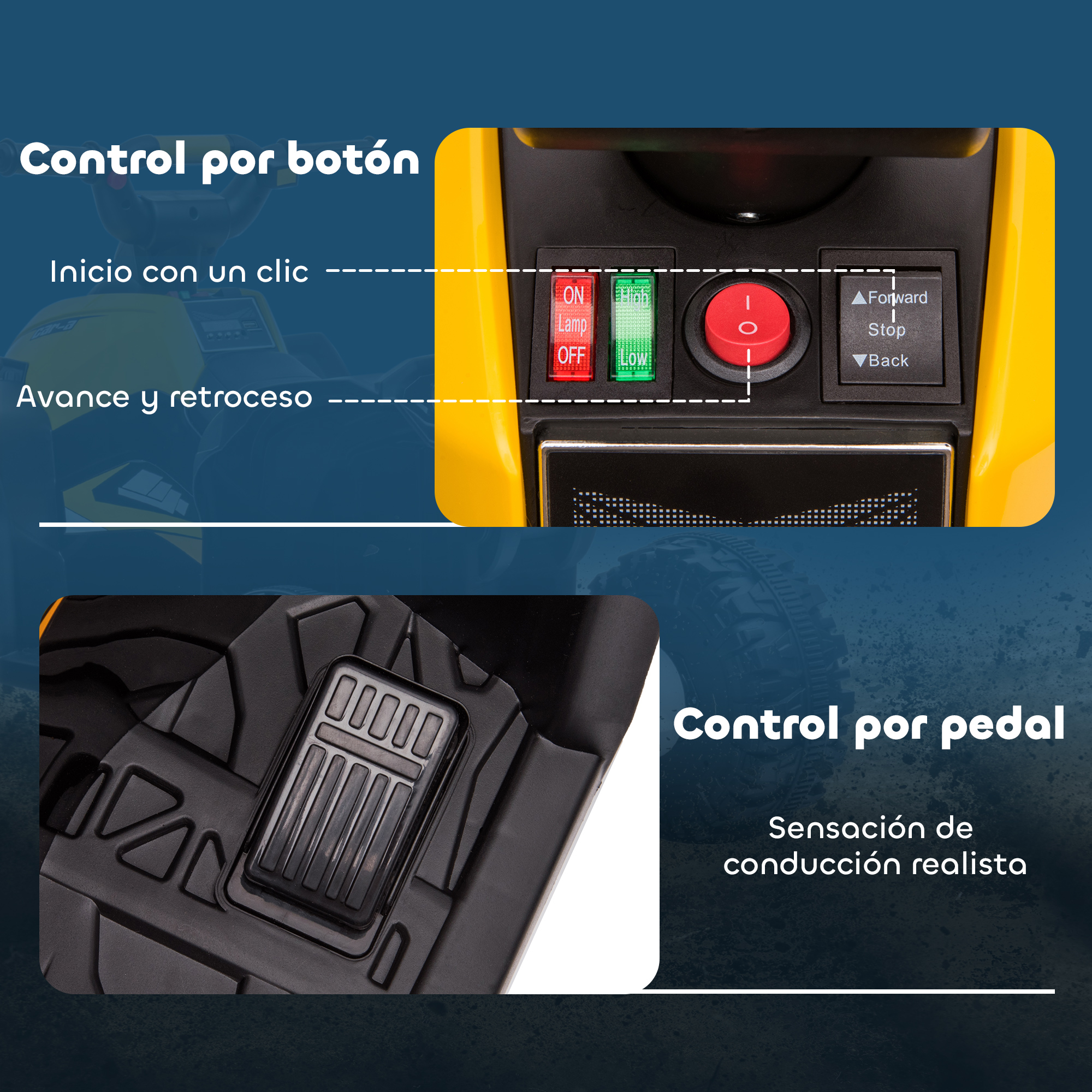 Vehículo infantil amarillo con control de botón y pedal. Muestra interruptores y pedal.