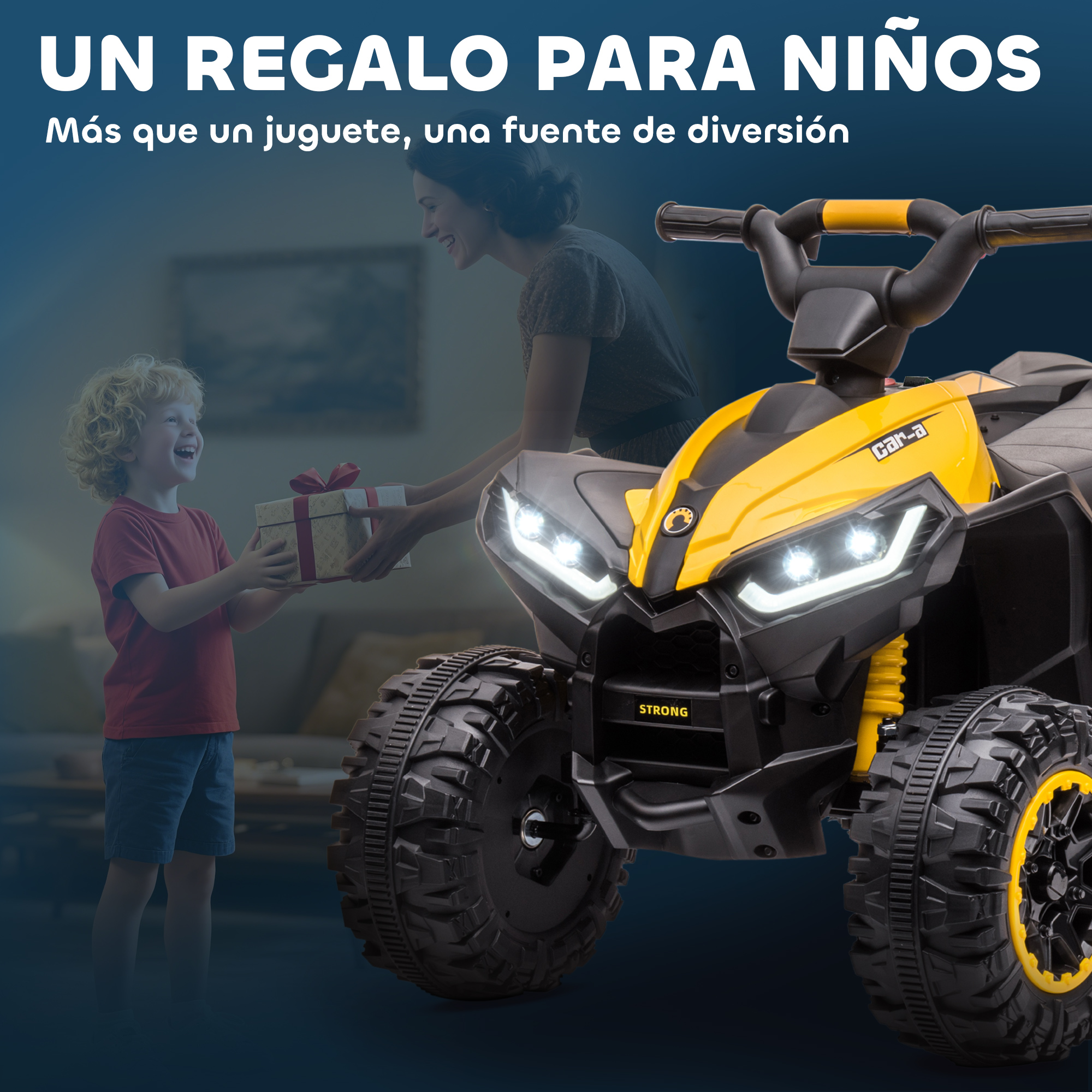 Un niño recibe un regalo de una mujer junto a un quad amarillo.