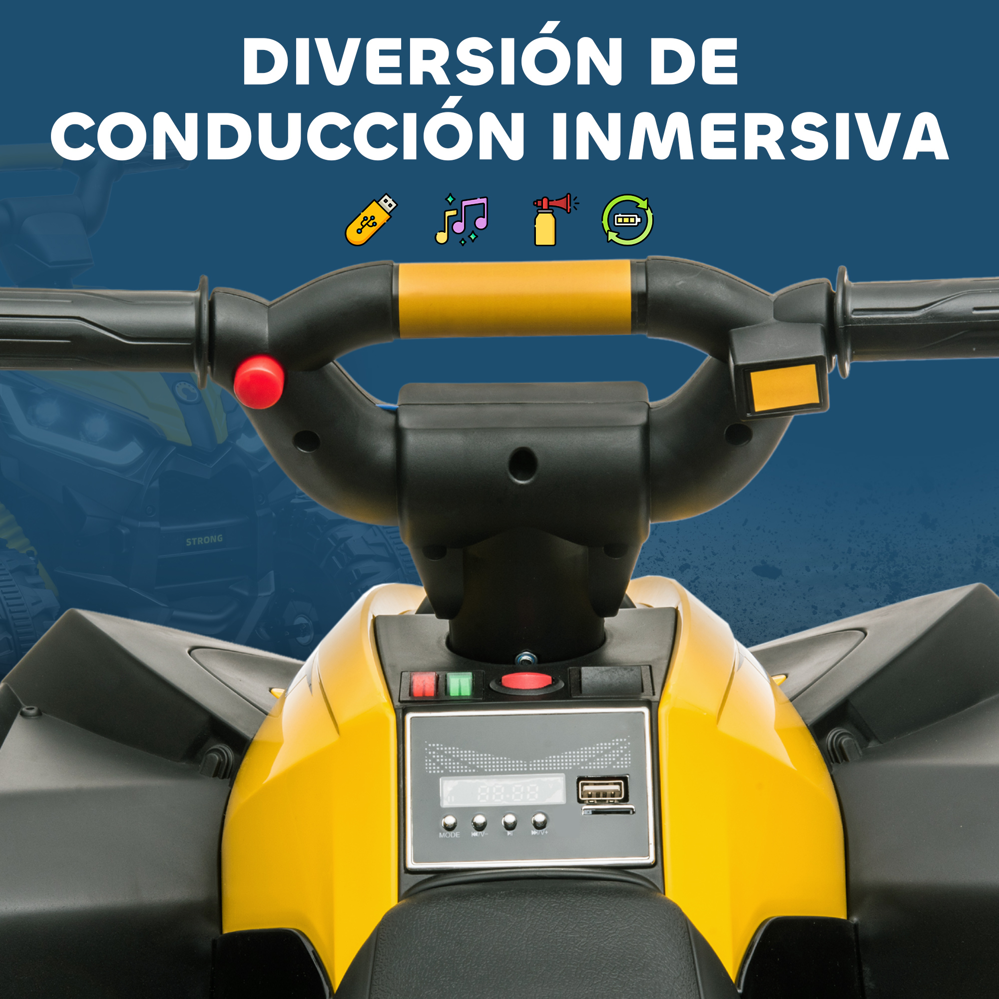 Quad infantil amarillo con manillar, pantalla e iconos de USB, música, claxon, batería.