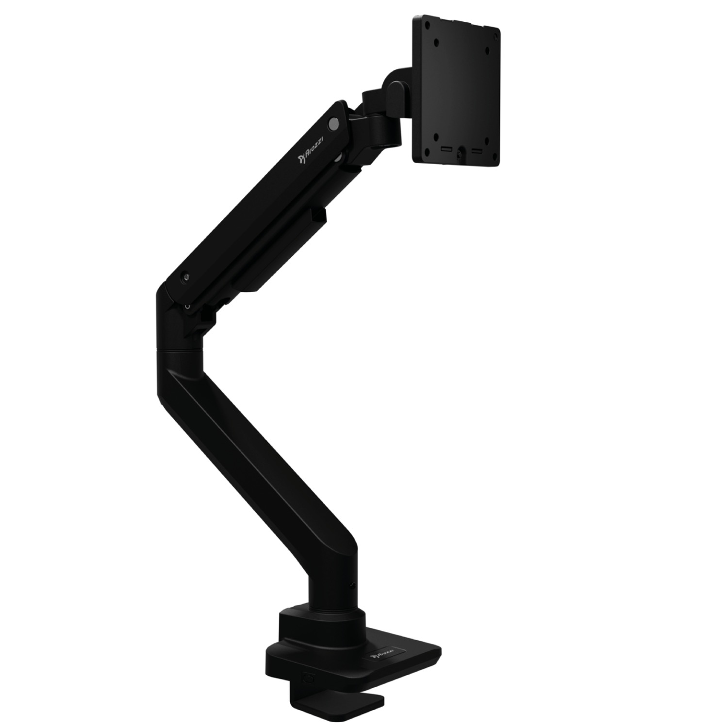 Een zwarte monitorarm met klemvoet en scharnierende arm.