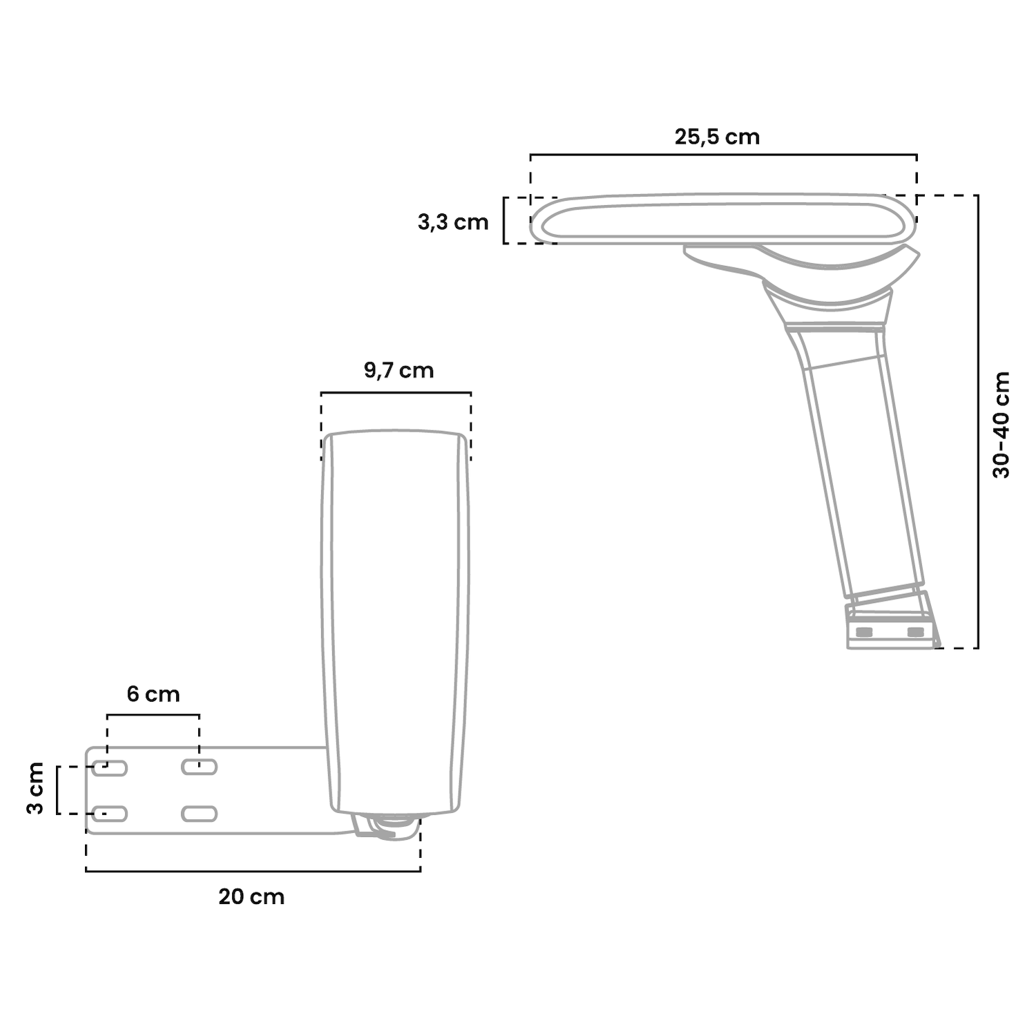 Disegno tecnico di un meccanismo di regolazione del bracciolo con dimensioni.