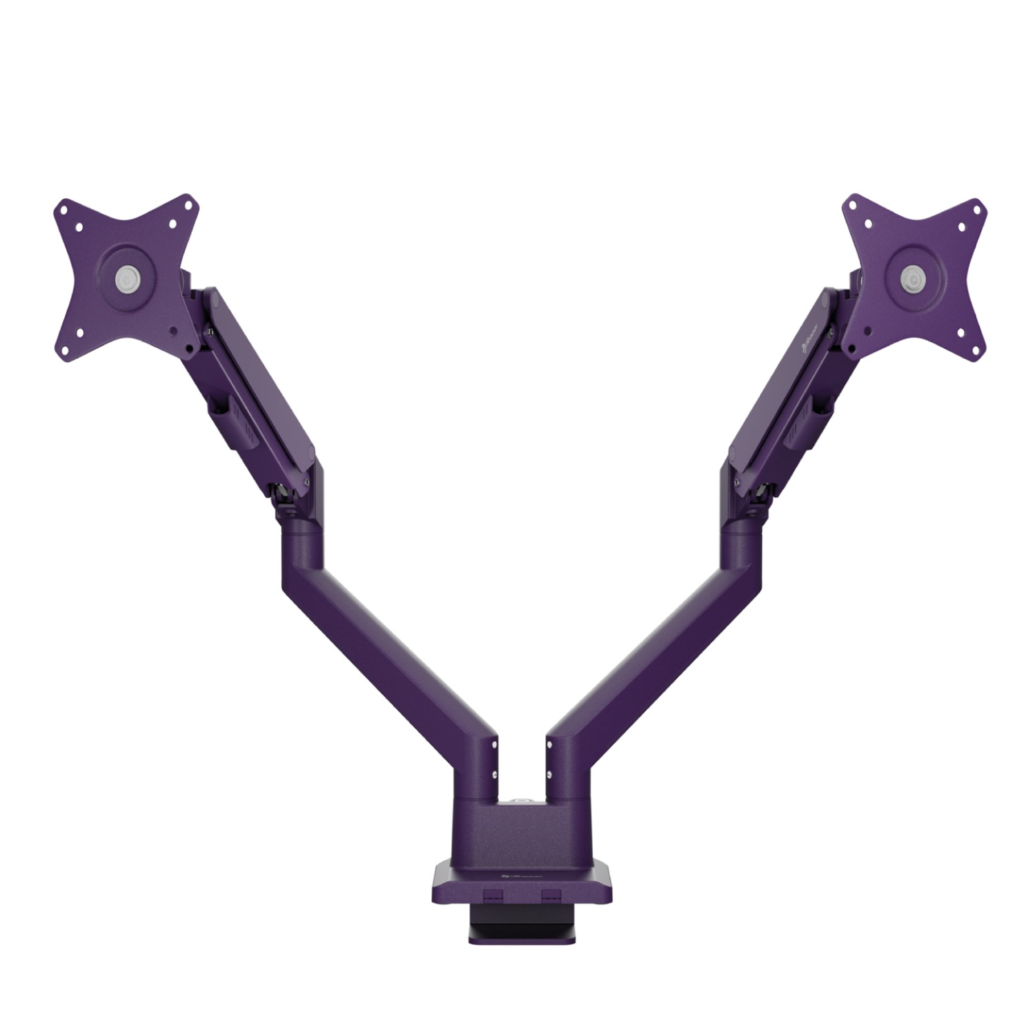 A purple dual monitor arm with two arms on a white background.