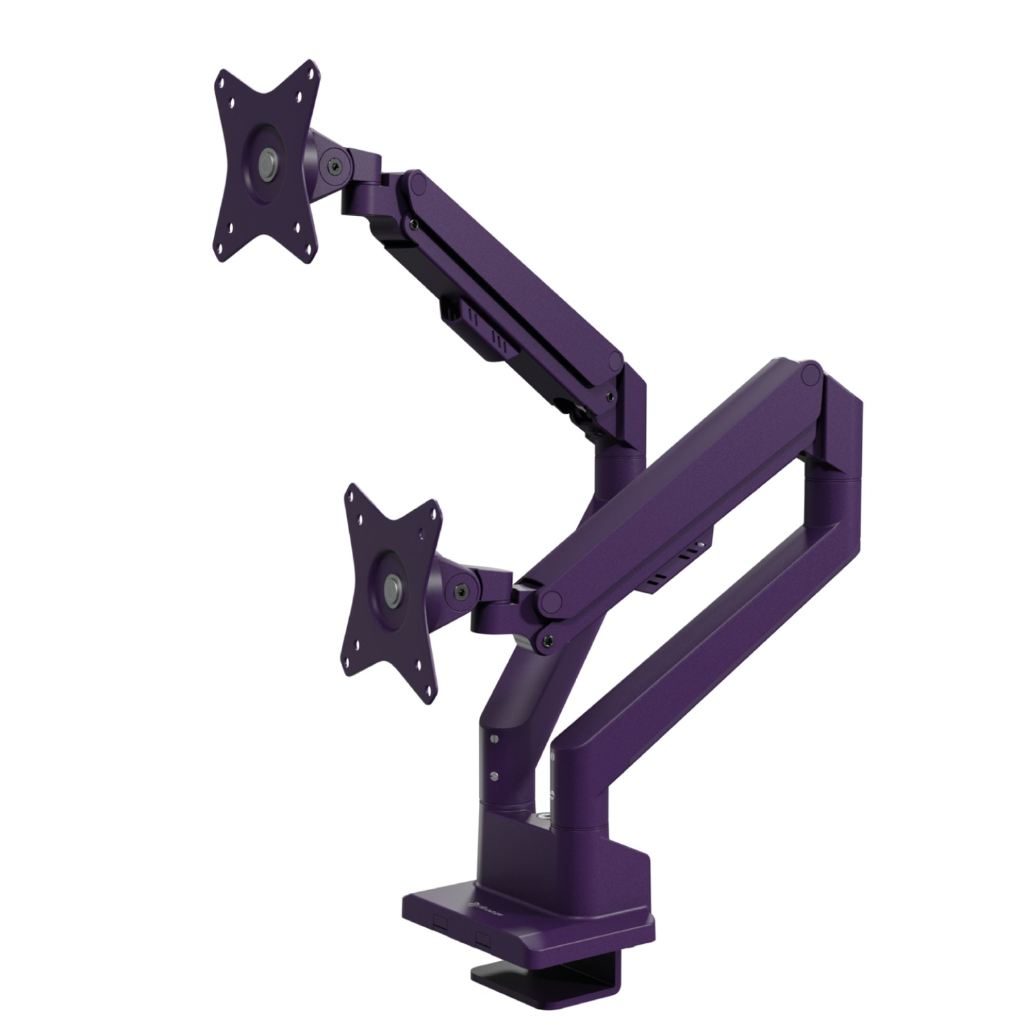 Purple dual monitor mount with adjustable arms and clamp base.