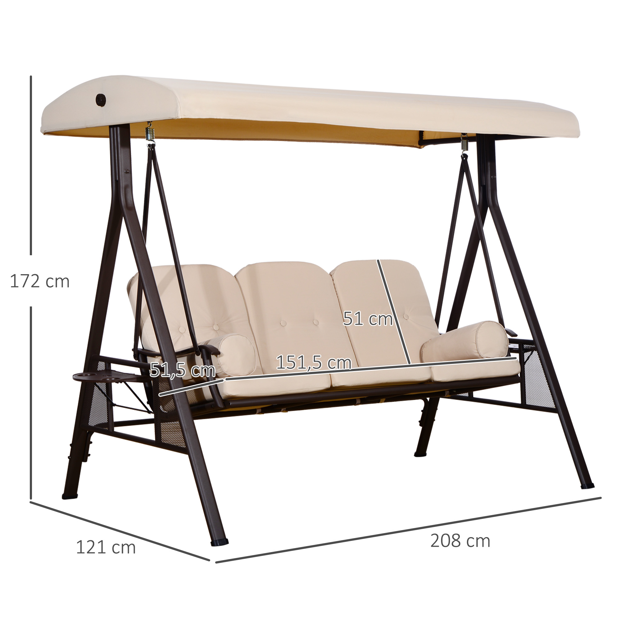 Un columpio de jardín marrón con cojines beige, para tres personas. Dimensiones mostradas.
