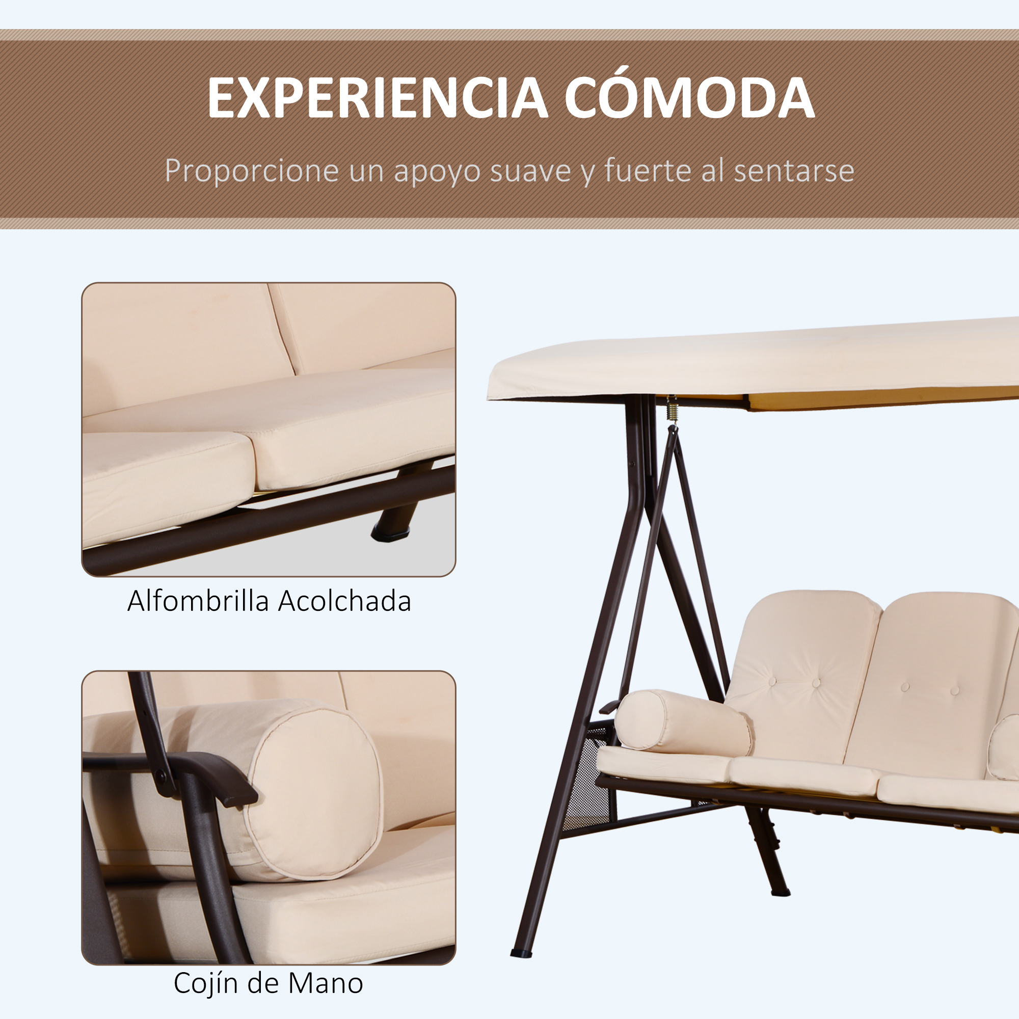 Un columpio de exterior beige con marco metálico marrón y toldo.