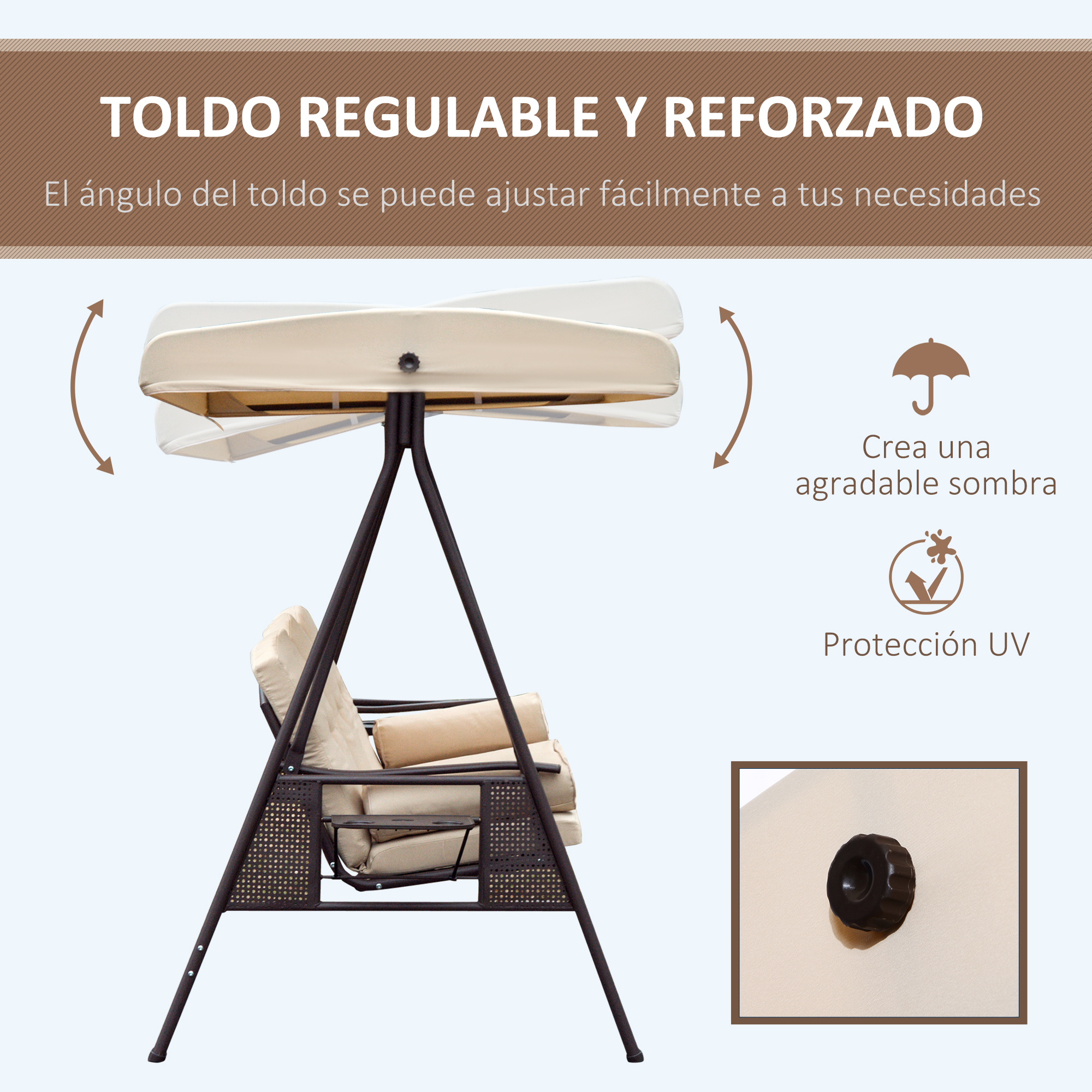 Toldo regulable y reforzado sobre un asiento de columpio marrón con cojines.