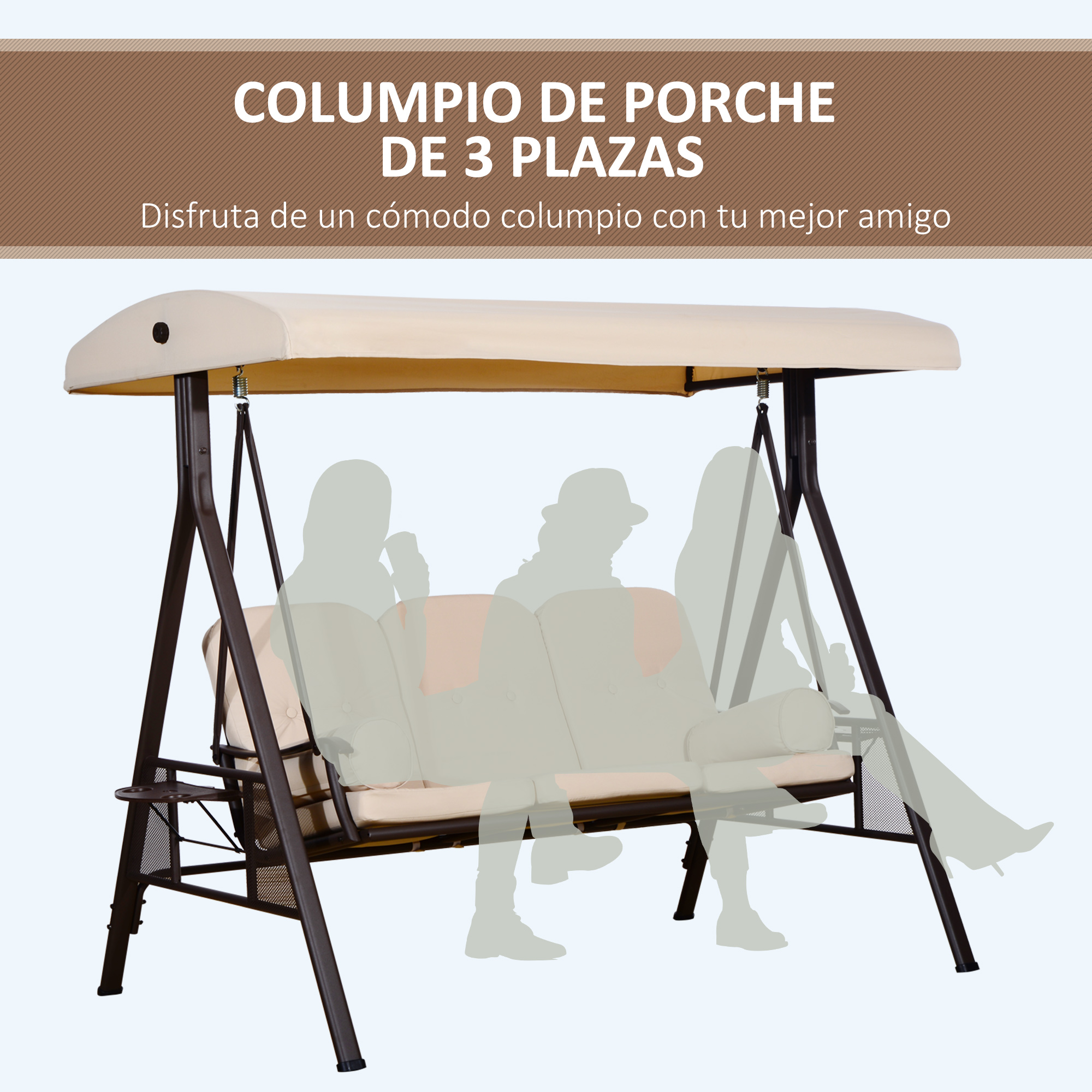 Un columpio de porche marrón de 3 plazas con dosel y cojines color crema.