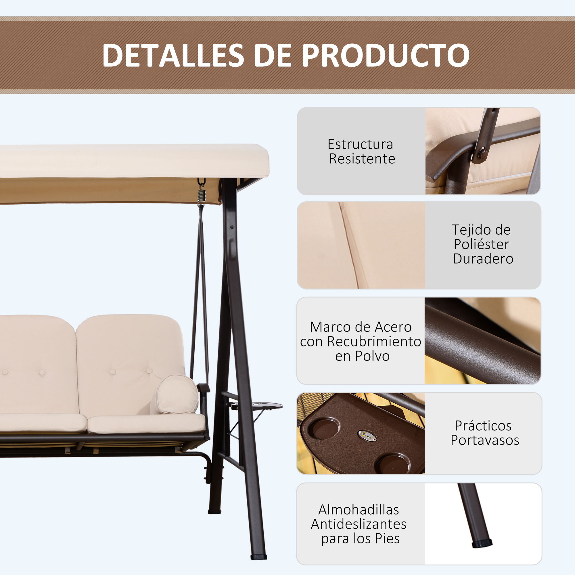 Columpio de jardín con cojines beige, marco de metal marrón y toldo.